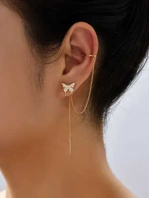 2pcs Cubic Zirconia Butterfly Decor Chain Linked Earring - 𝘚𝘚²³ - Gold