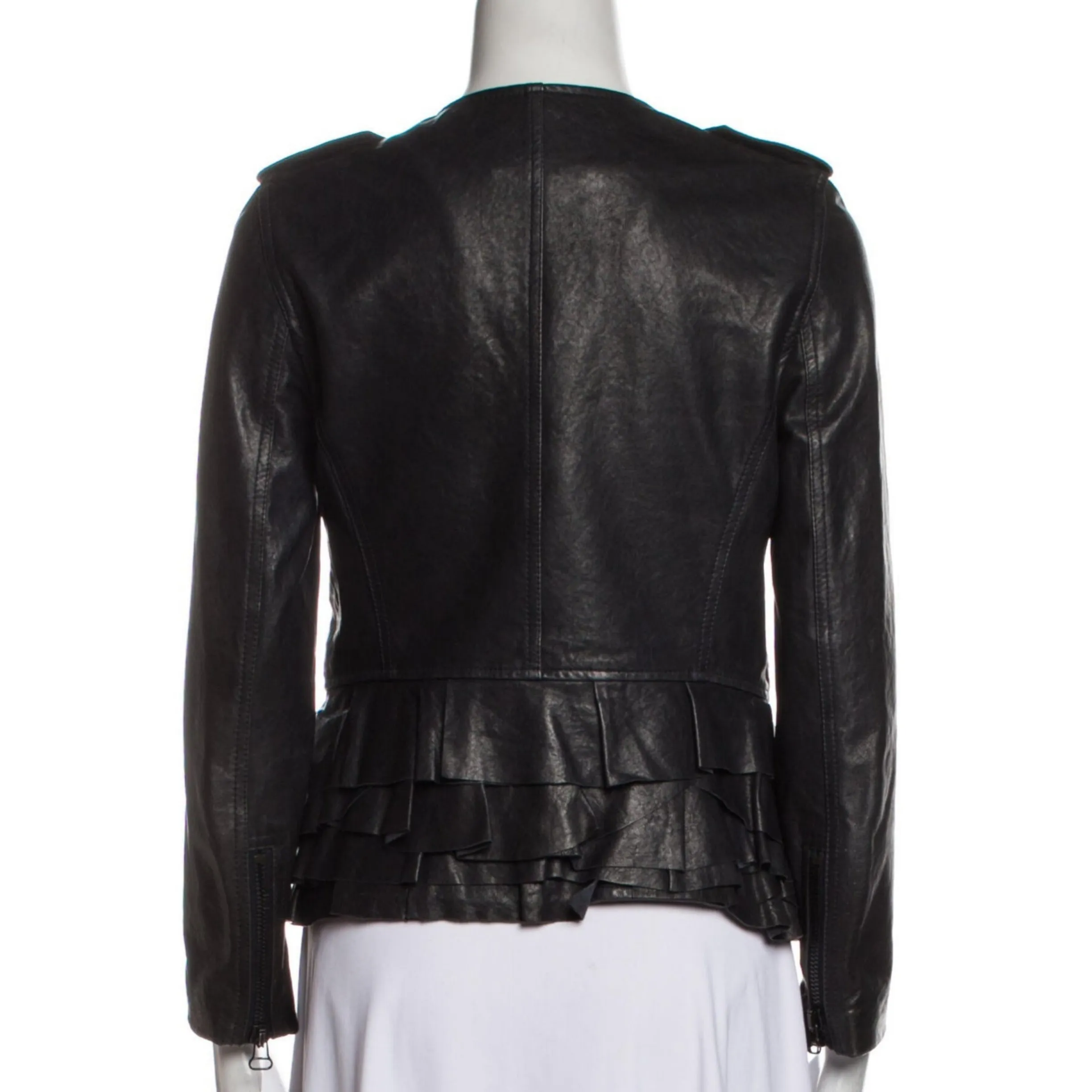 3.1 PHILLIP LIM Black Ruffle Trim Leather Jacket Size 4 NWOT