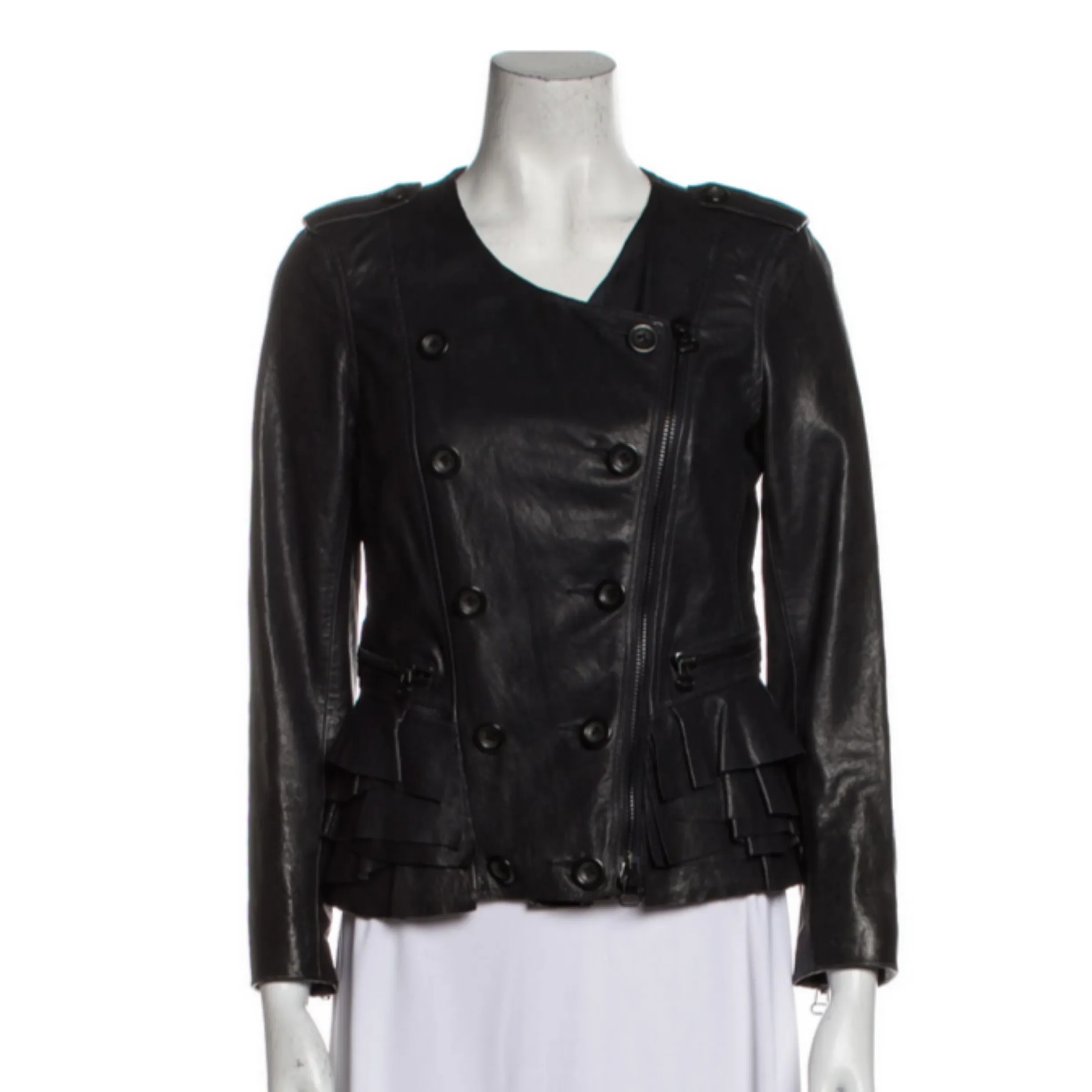 3.1 PHILLIP LIM Black Ruffle Trim Leather Jacket Size 4 NWOT