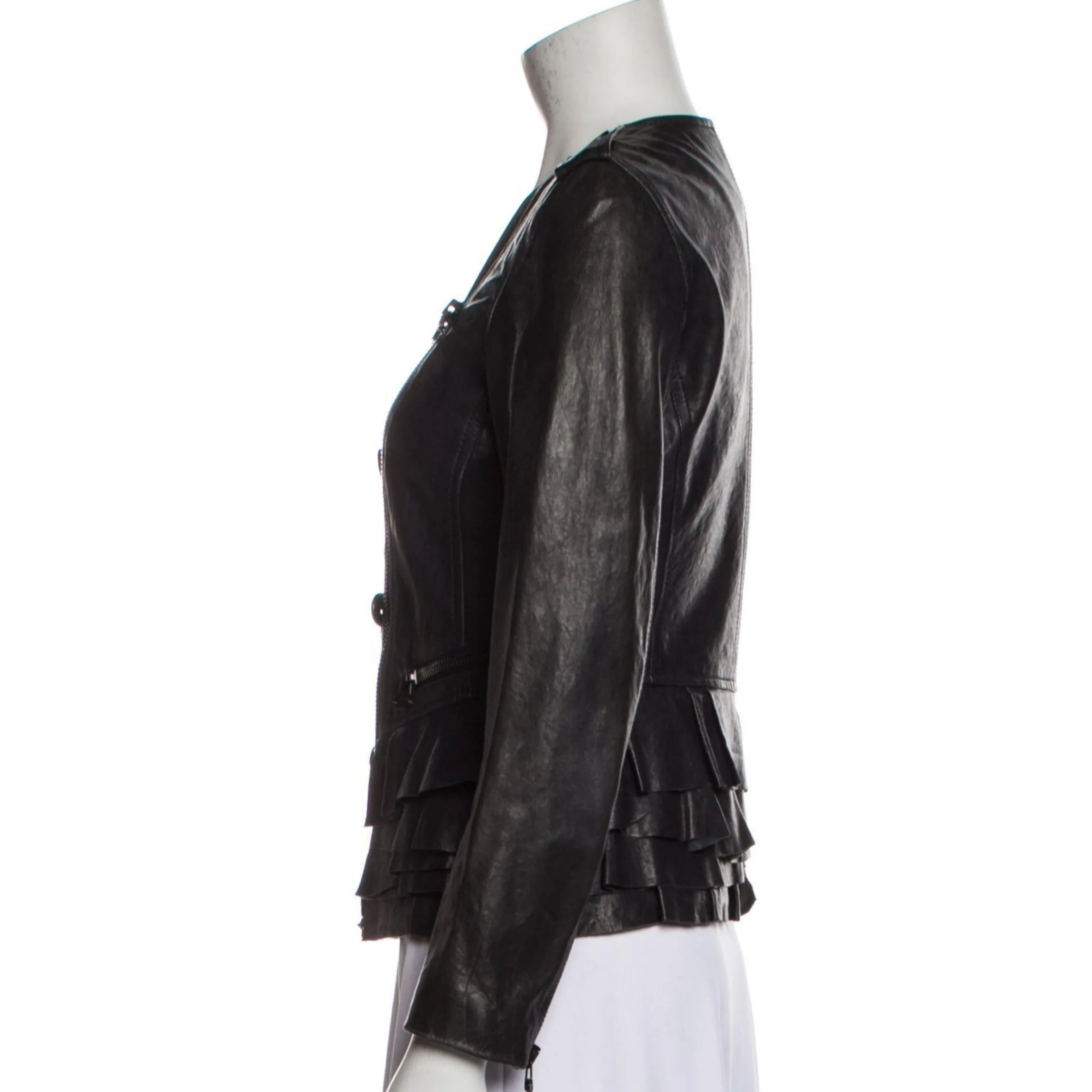 3.1 PHILLIP LIM Black Ruffle Trim Leather Jacket Size 4 NWOT