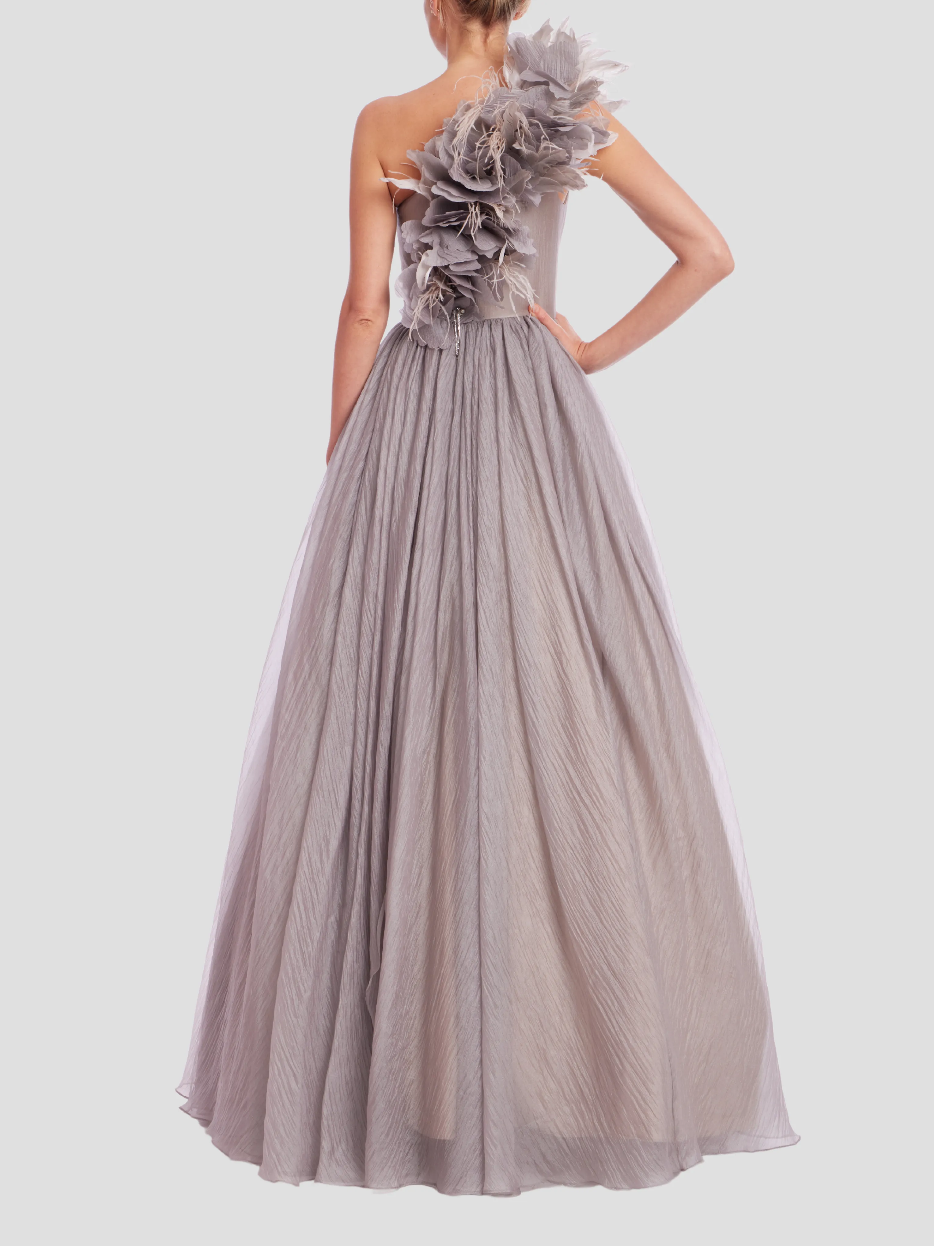 3D Feather One Shoulder Gown