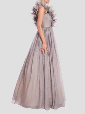 3D Feather One Shoulder Gown