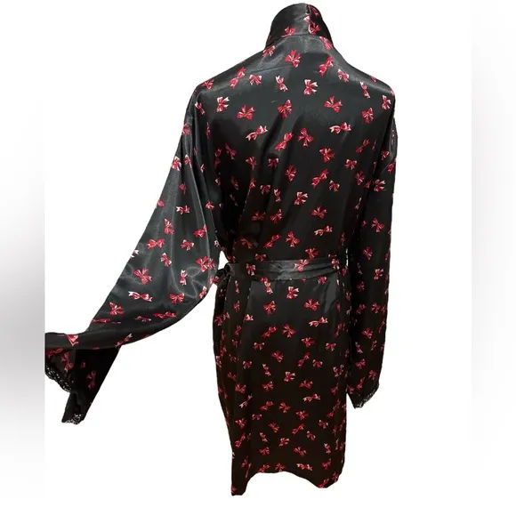 90s DELICATES BLACK &amp; RED SATIN DITZY BOW PRINT KIMONO ROBE LOUNGEWEAR SZ XL