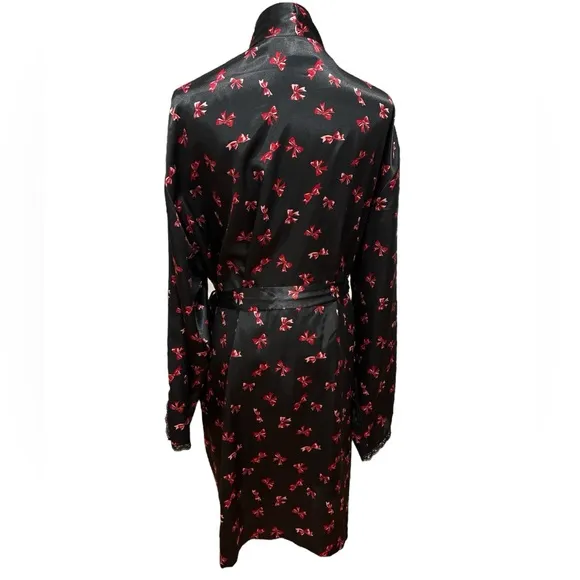 90s DELICATES BLACK &amp; RED SATIN DITZY BOW PRINT KIMONO ROBE LOUNGEWEAR SZ XL