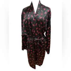 90s DELICATES BLACK &amp; RED SATIN DITZY BOW PRINT KIMONO ROBE LOUNGEWEAR SZ XL