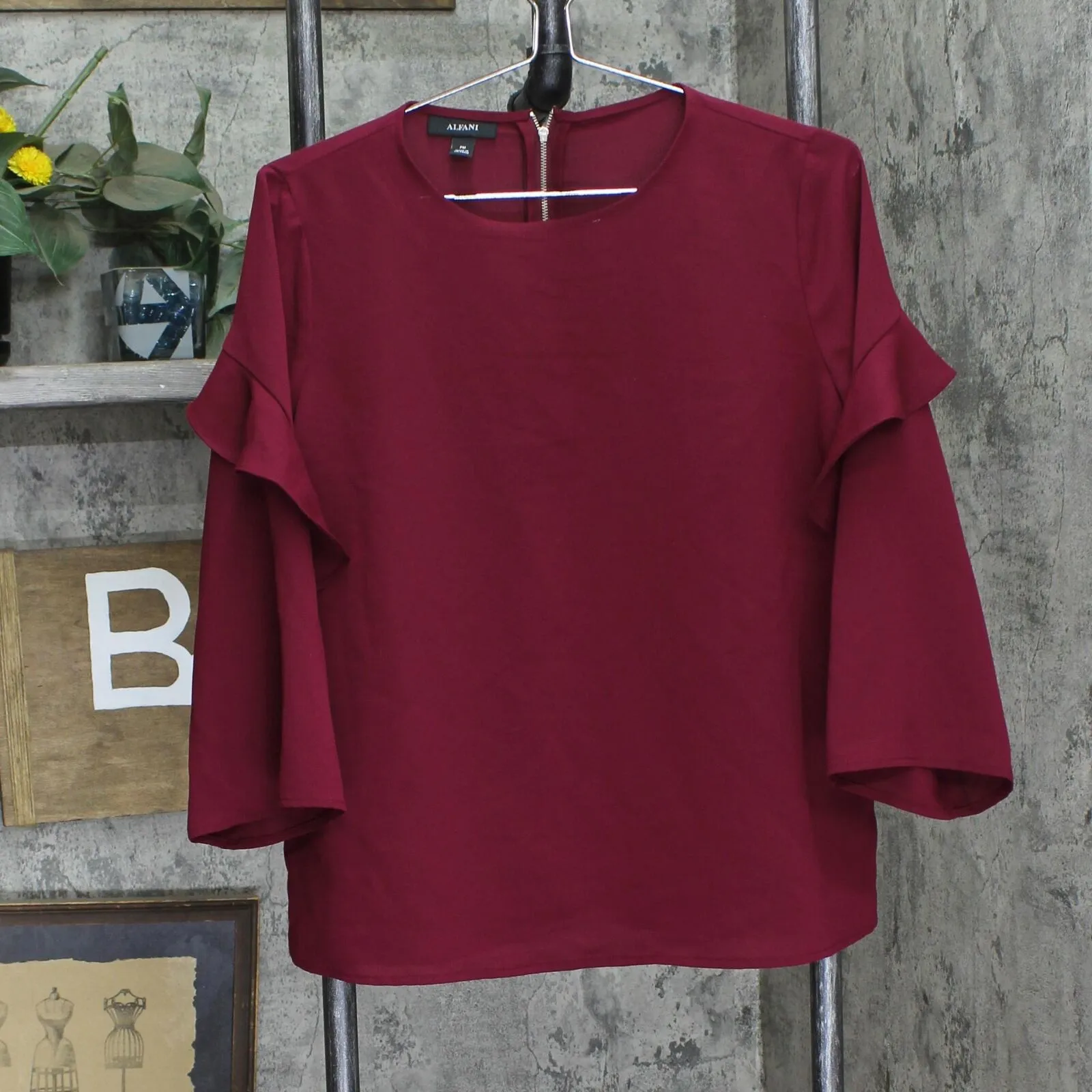 Alfani Womens Woven Ruffle Long Sleeve Blouse Shirt Top Berry Purple PM