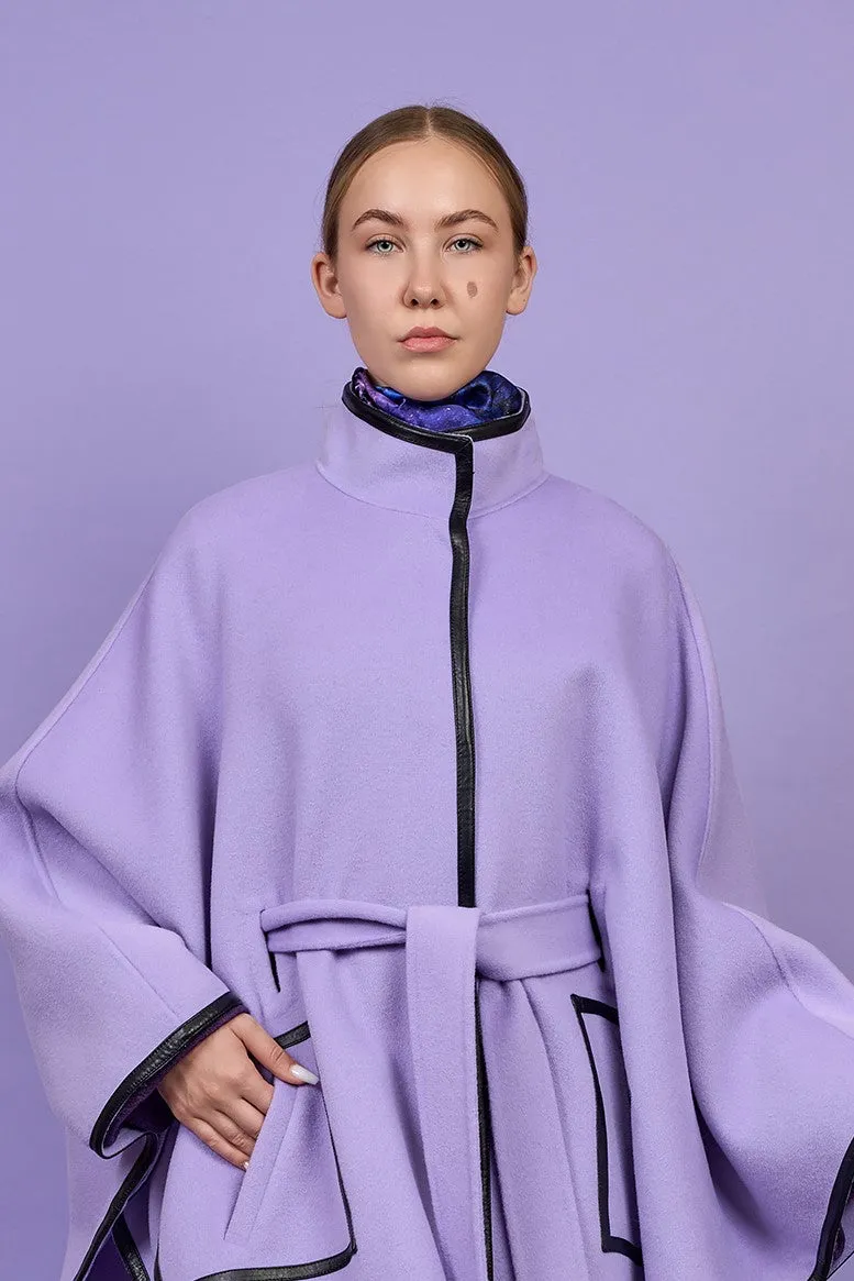ALICE Lavender Belted Cape Coat in Virgin Wool Cashmere Black Leather