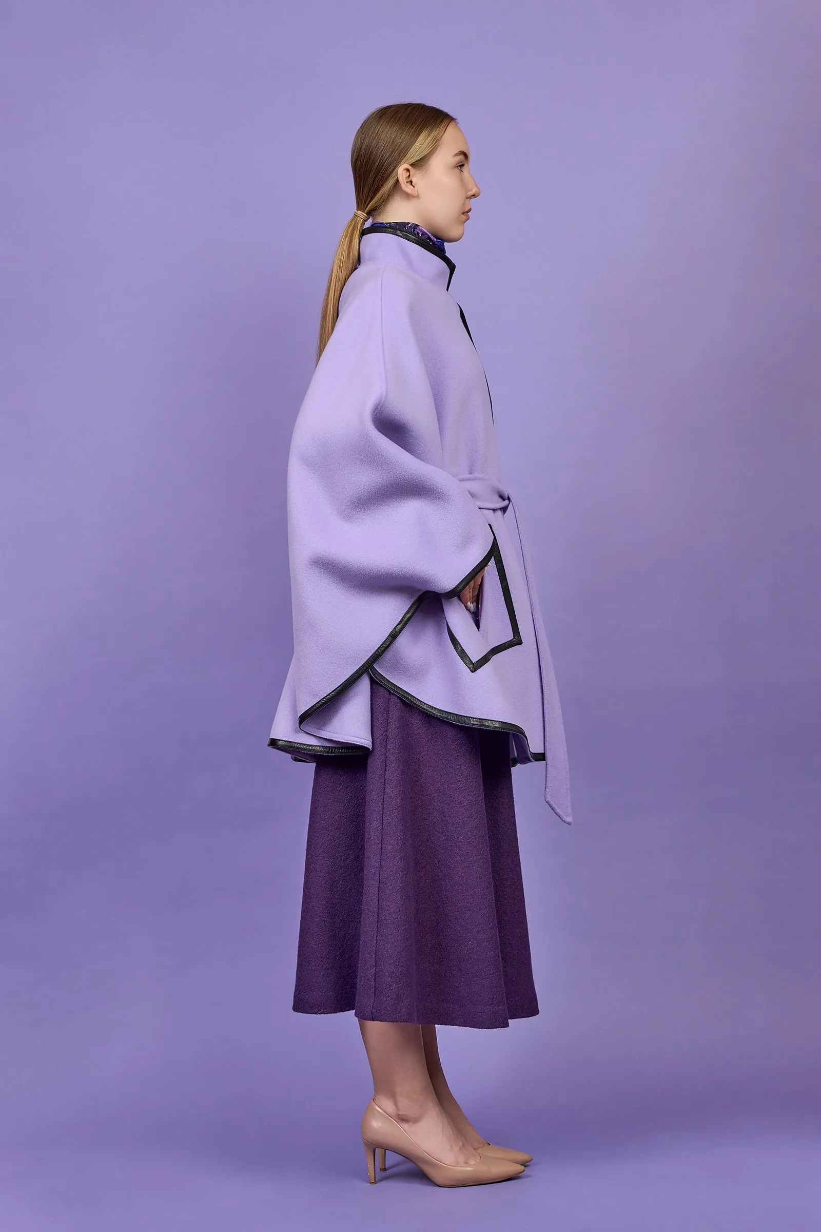 ALICE Lavender Belted Cape Coat in Virgin Wool Cashmere Black Leather