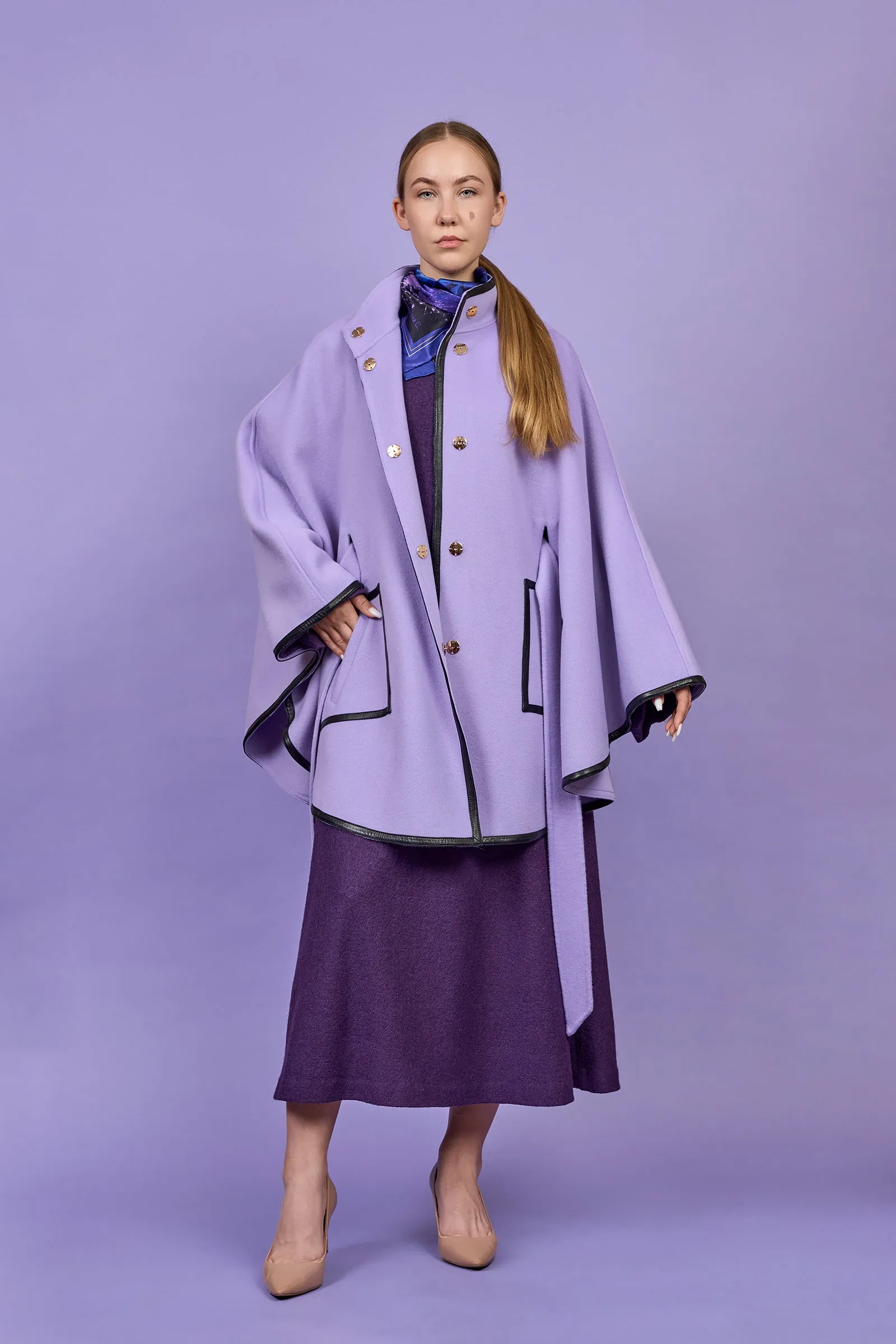 ALICE Lavender Belted Cape Coat in Virgin Wool Cashmere Black Leather