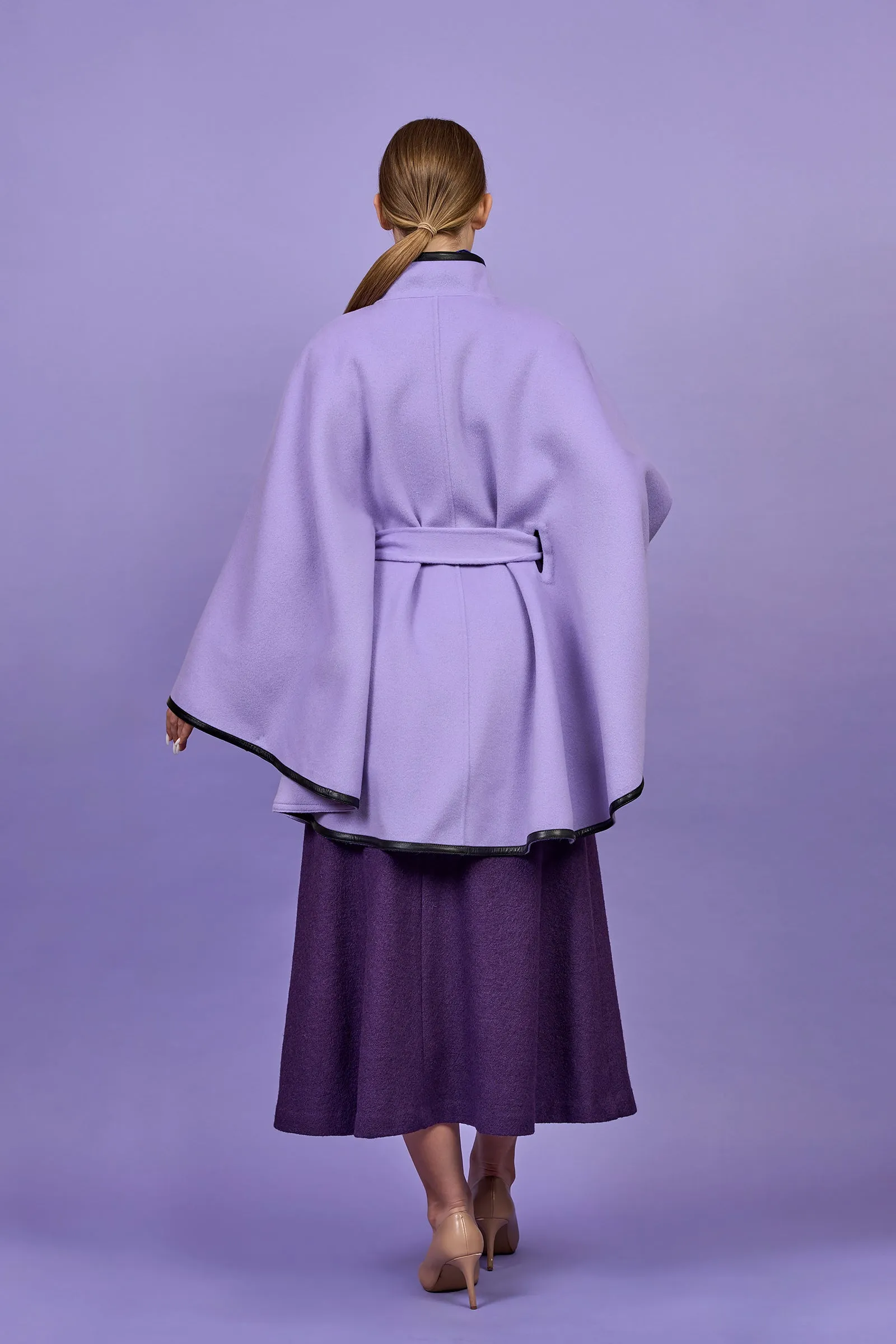 ALICE Lavender Belted Cape Coat in Virgin Wool Cashmere Black Leather
