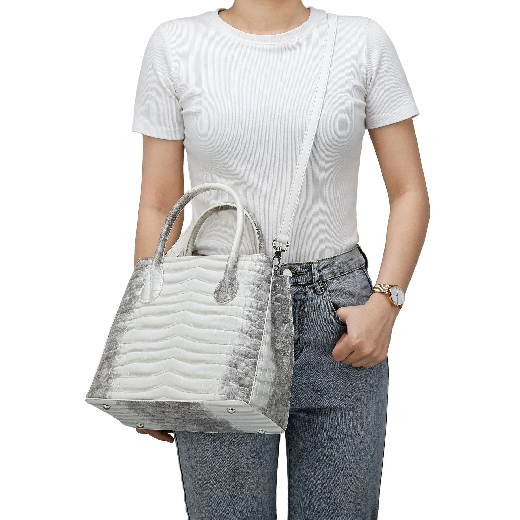 Alligator Embossed Leather Top-handle/Shoulder Tote Bag