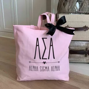 Alpha Sigma Alpha Pink Canvas Tote Bag with Black Bow
