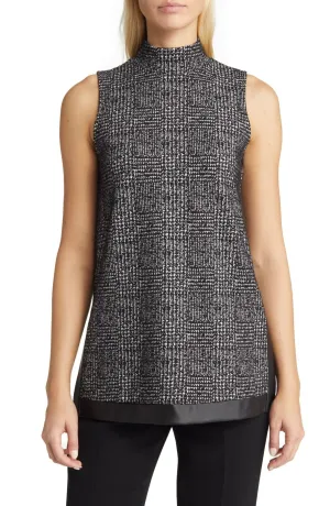 Anne Klein Womens Sleeveless Faux Leather Trim Mock Neck Knit Top 10843573