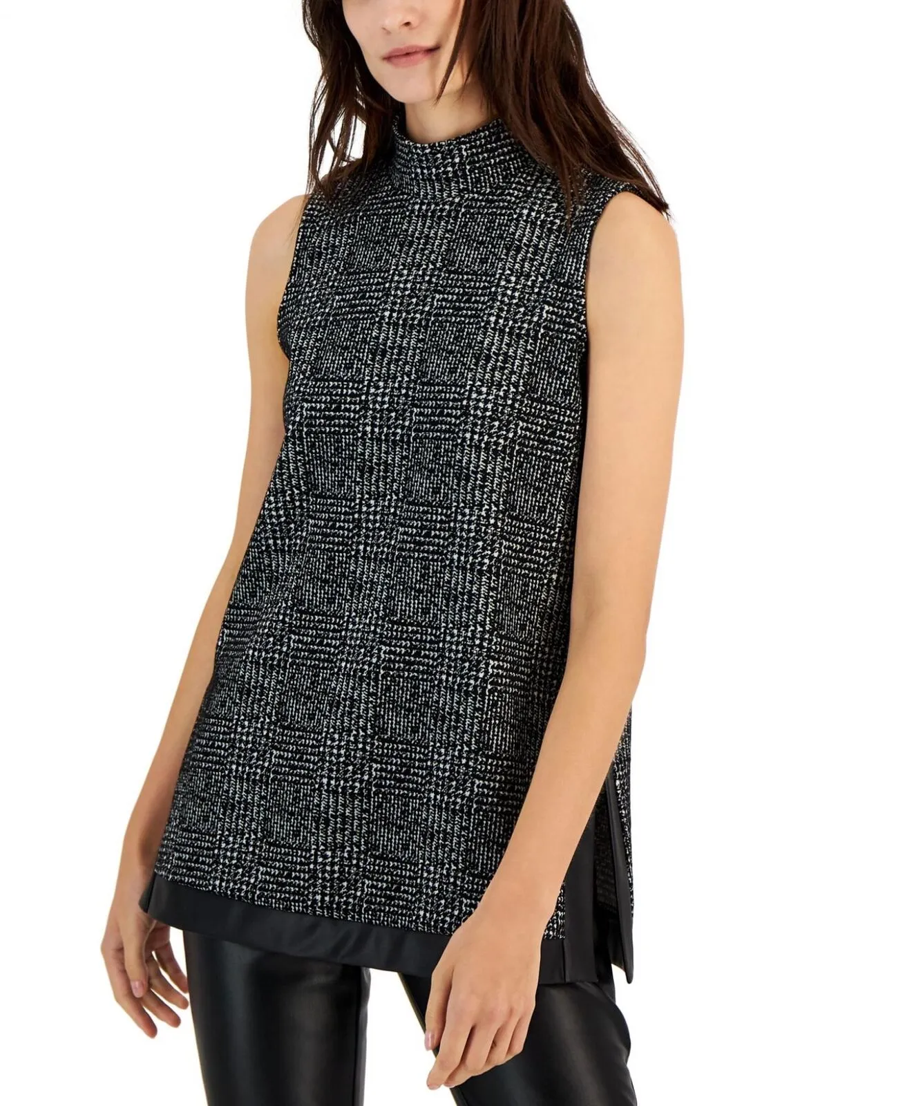 Anne Klein Womens Sleeveless Faux Leather Trim Mock Neck Knit Top 10843573