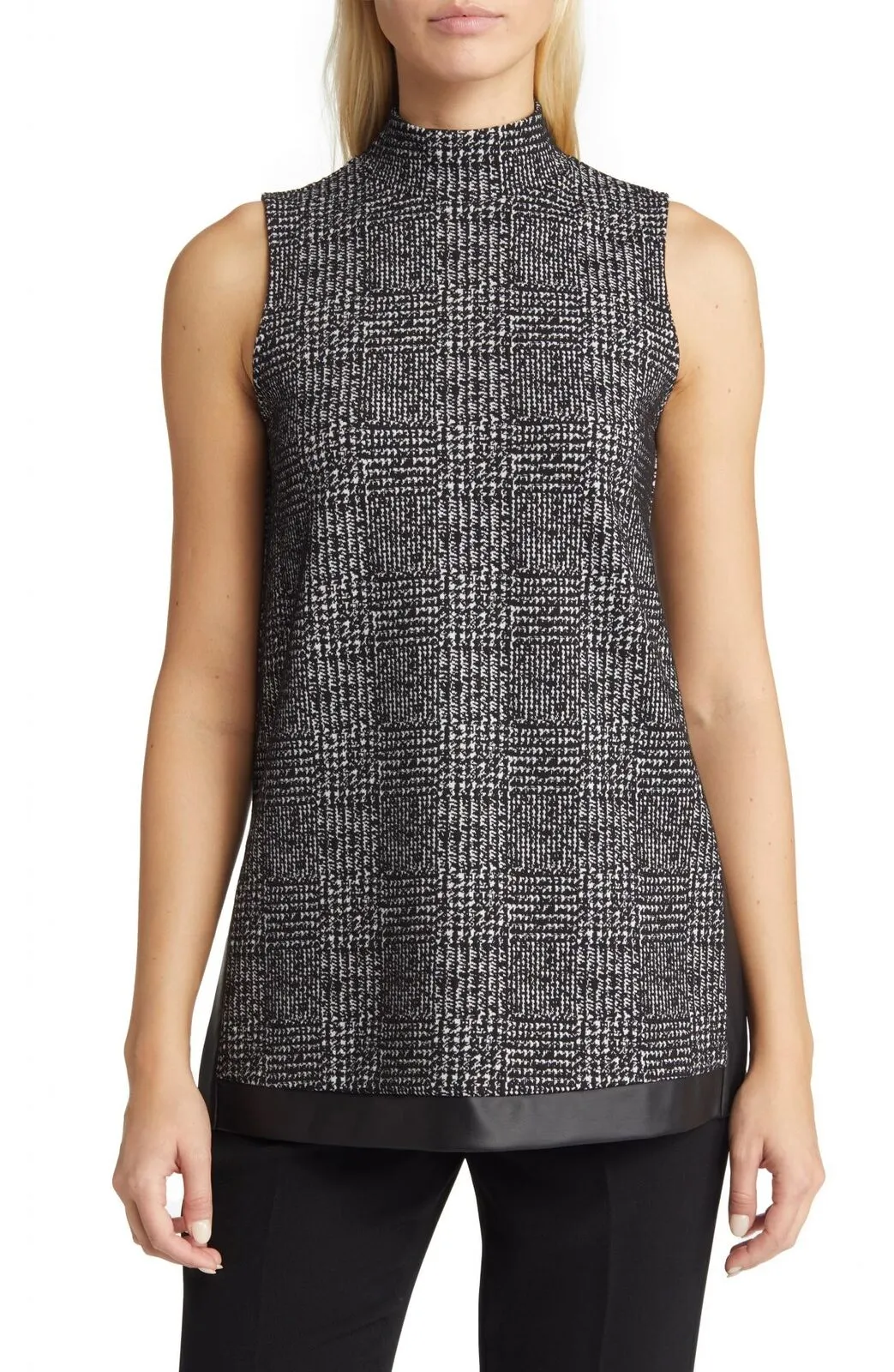 Anne Klein Womens Sleeveless Faux Leather Trim Mock Neck Knit Top 10843573