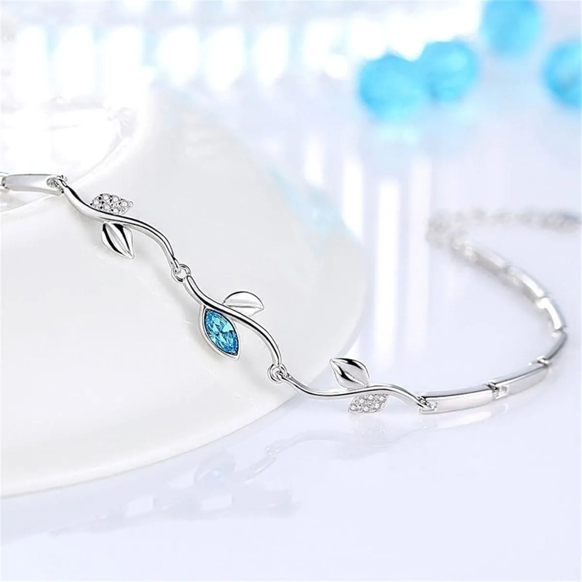 Aqua Cubic Zirconia & Silver-Plated Vine Bracelet
