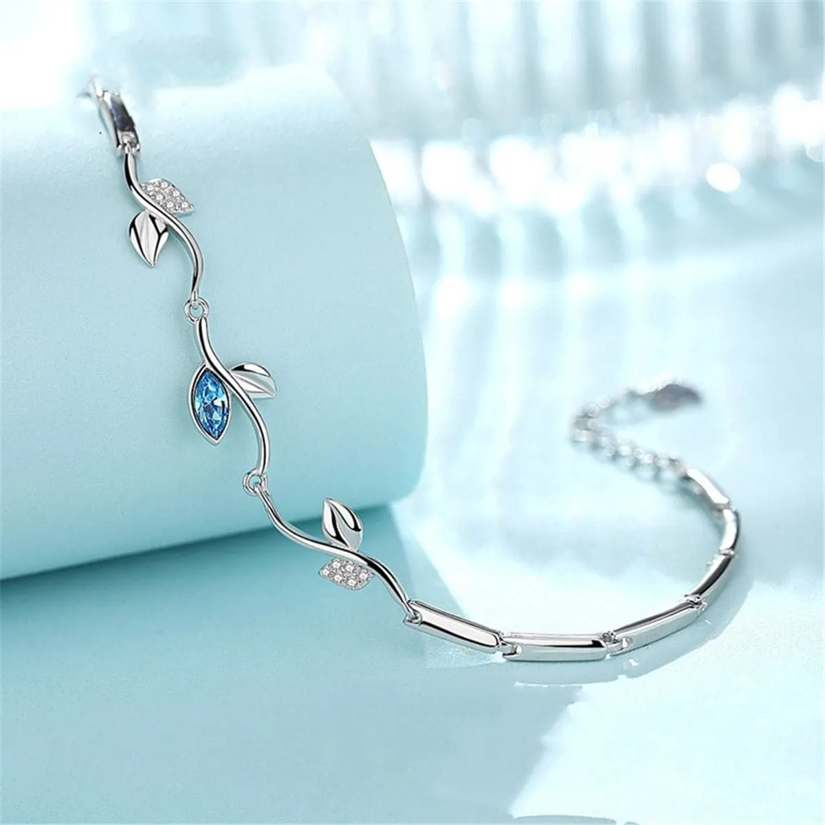 Aqua Cubic Zirconia & Silver-Plated Vine Bracelet