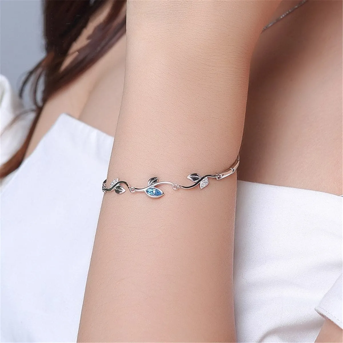 Aqua Cubic Zirconia & Silver-Plated Vine Bracelet