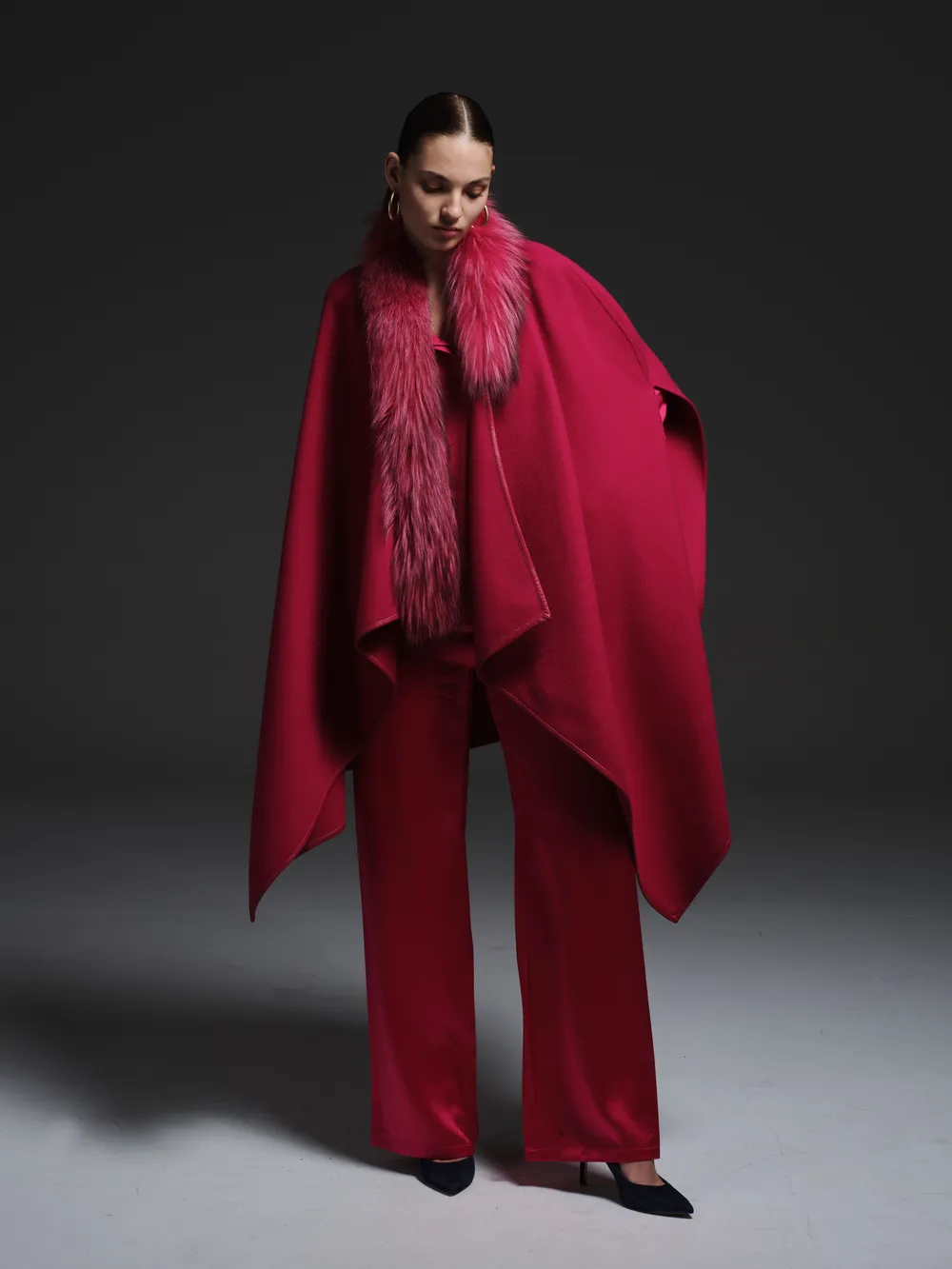 Asymmetric Wool Cape with Fur Collar Fushia
