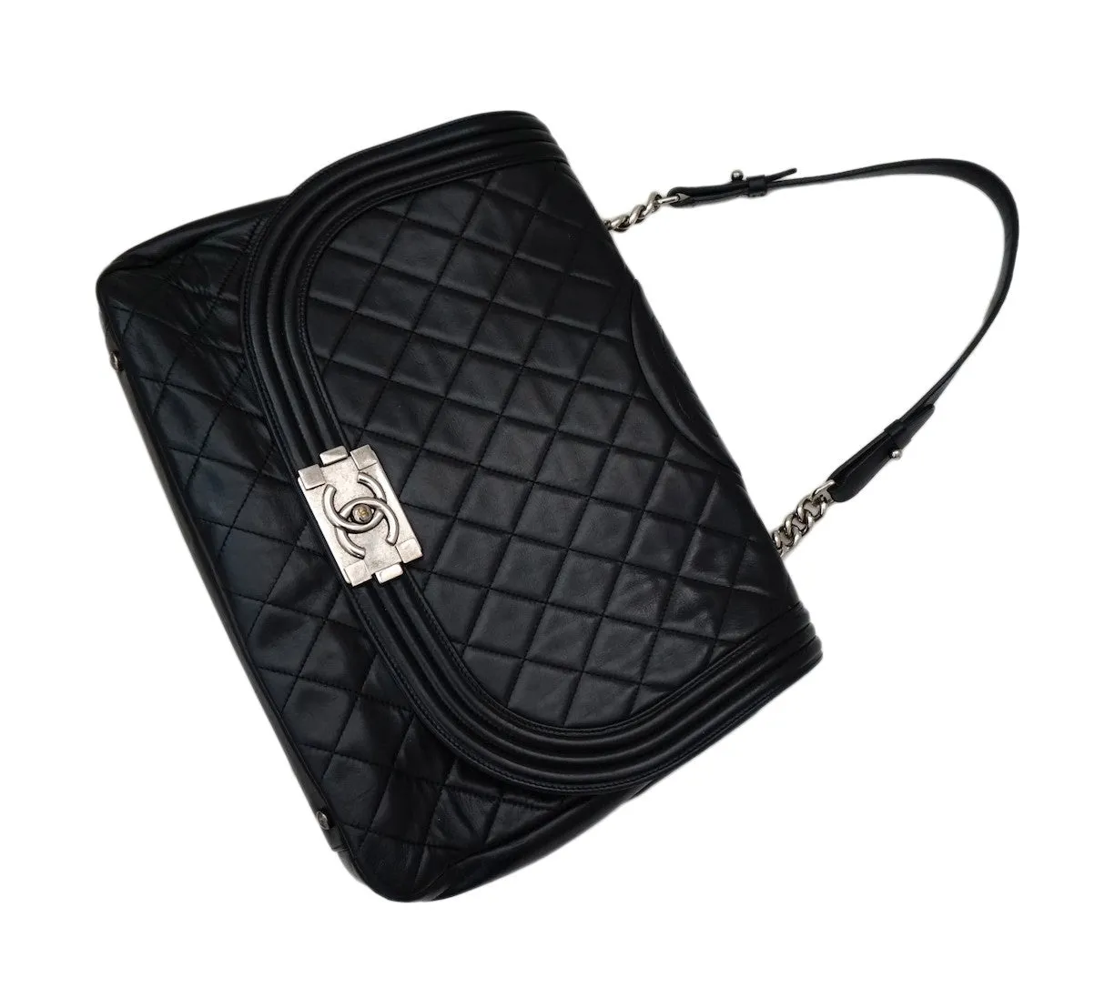 Authentic Chanel Black Lambskin Antik Boy Maxi Jumbo XL