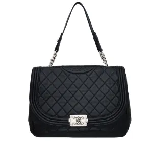 Authentic Chanel Black Lambskin Antik Boy Maxi Jumbo XL