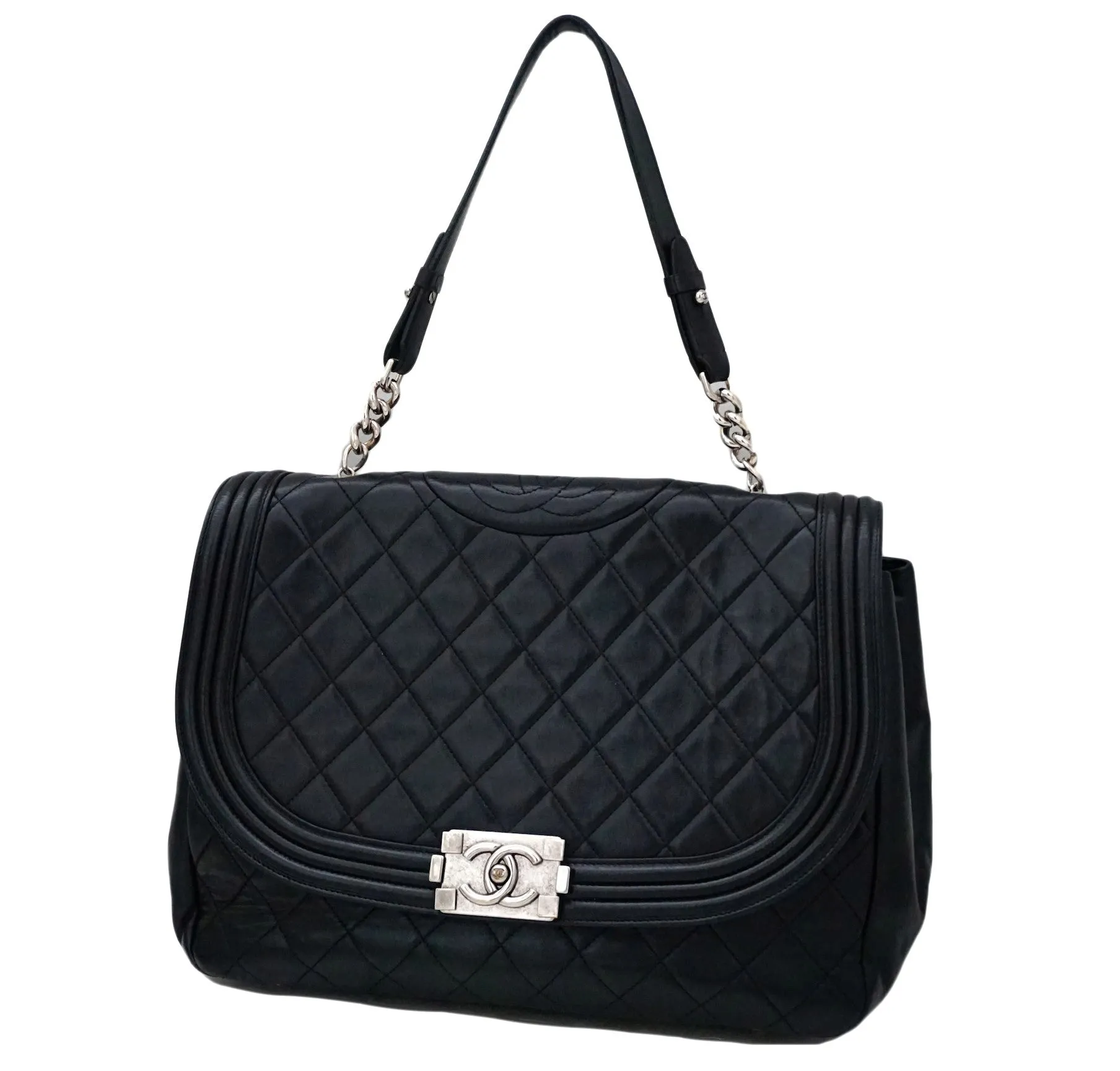 Authentic Chanel Black Lambskin Antik Boy Maxi Jumbo XL