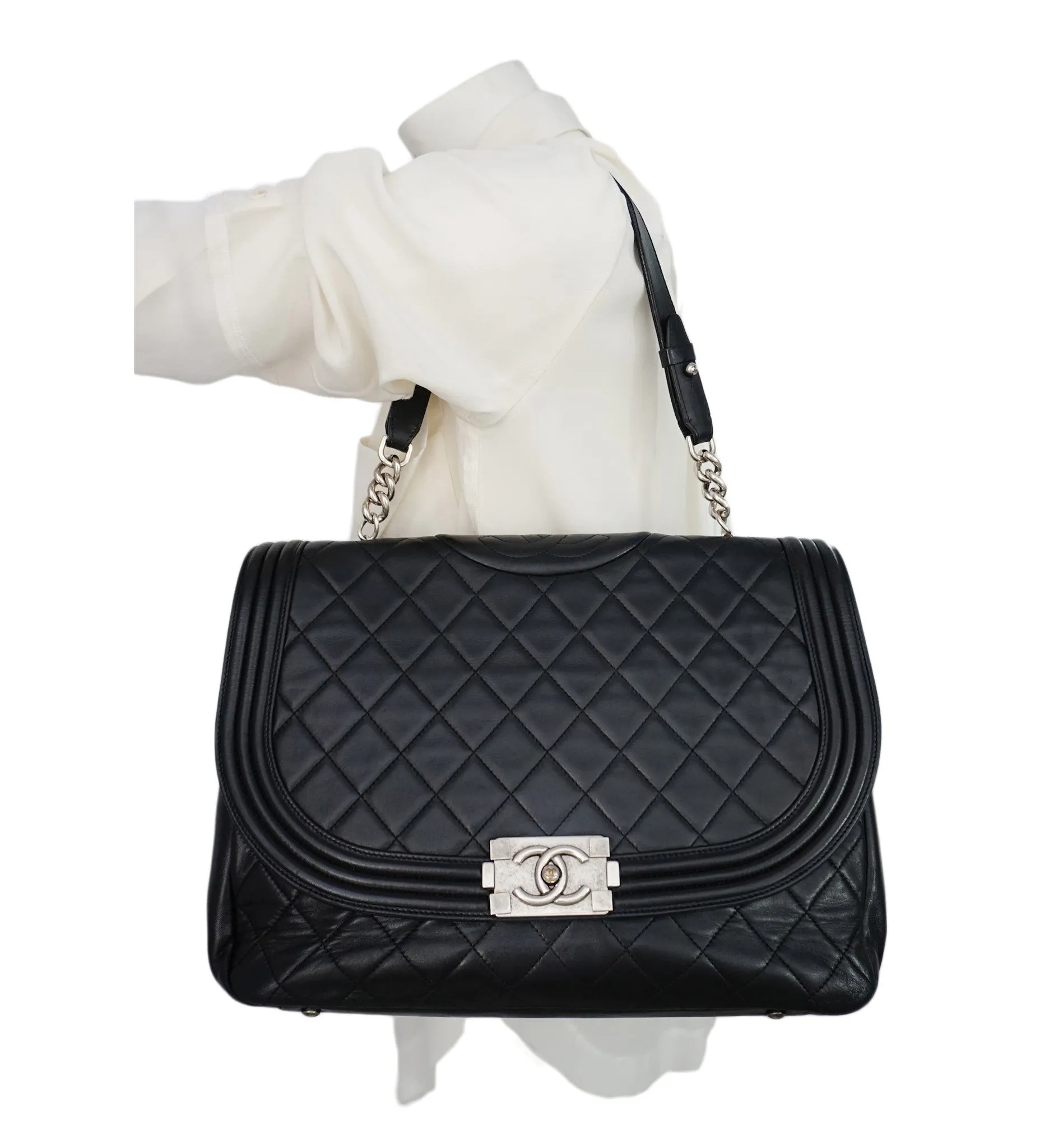 Authentic Chanel Black Lambskin Antik Boy Maxi Jumbo XL