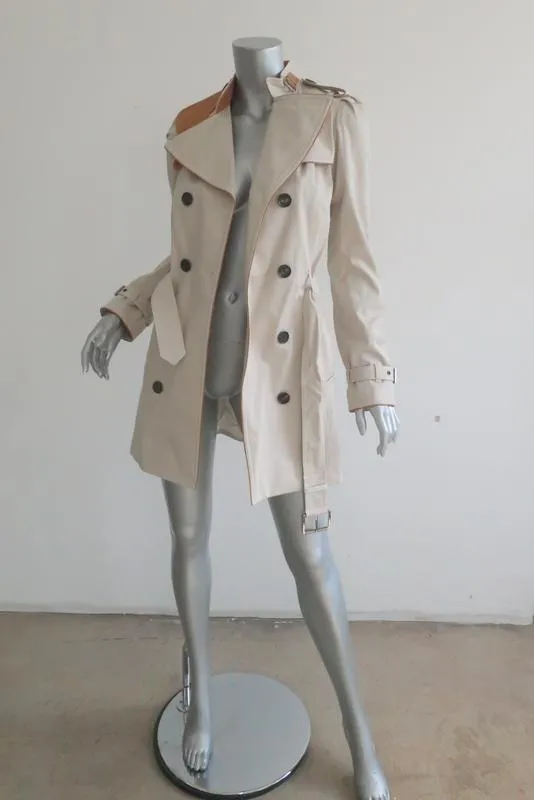 Barbara Bui Trench Coat Beige Leather-Trim Stretch Twill Size Extra Small NEW