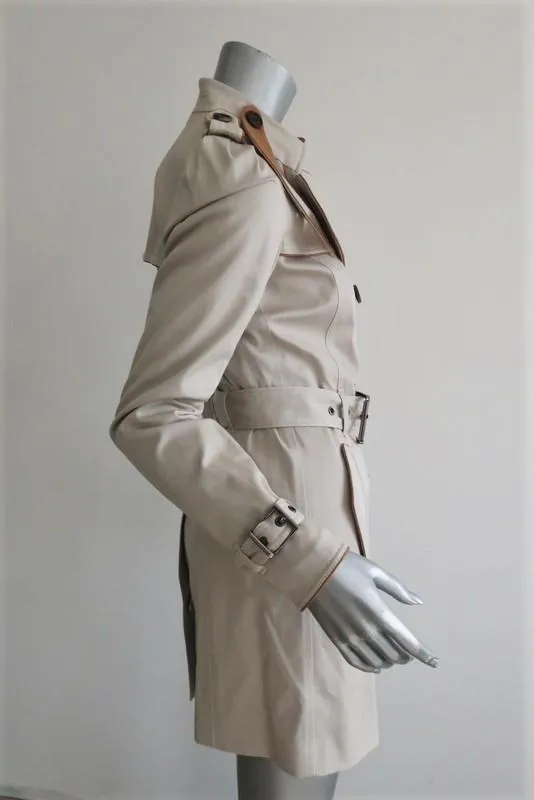 Barbara Bui Trench Coat Beige Leather-Trim Stretch Twill Size Extra Small NEW