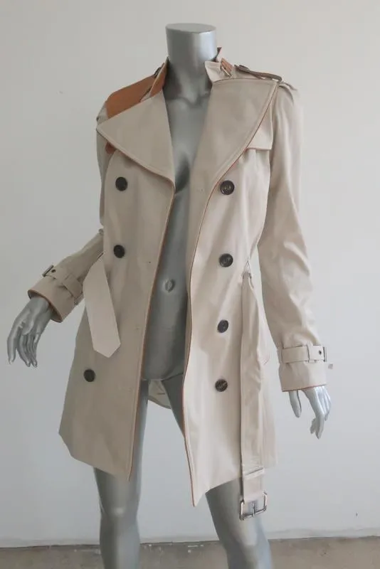 Barbara Bui Trench Coat Beige Leather-Trim Stretch Twill Size Extra Small NEW