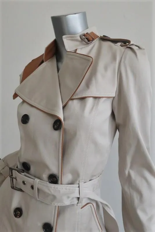 Barbara Bui Trench Coat Beige Leather-Trim Stretch Twill Size Extra Small NEW