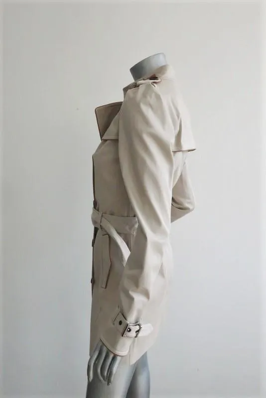 Barbara Bui Trench Coat Beige Leather-Trim Stretch Twill Size Extra Small NEW