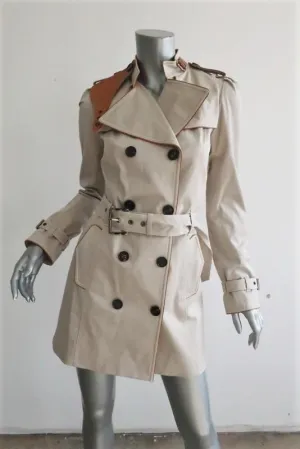 Barbara Bui Trench Coat Beige Leather-Trim Stretch Twill Size Extra Small NEW