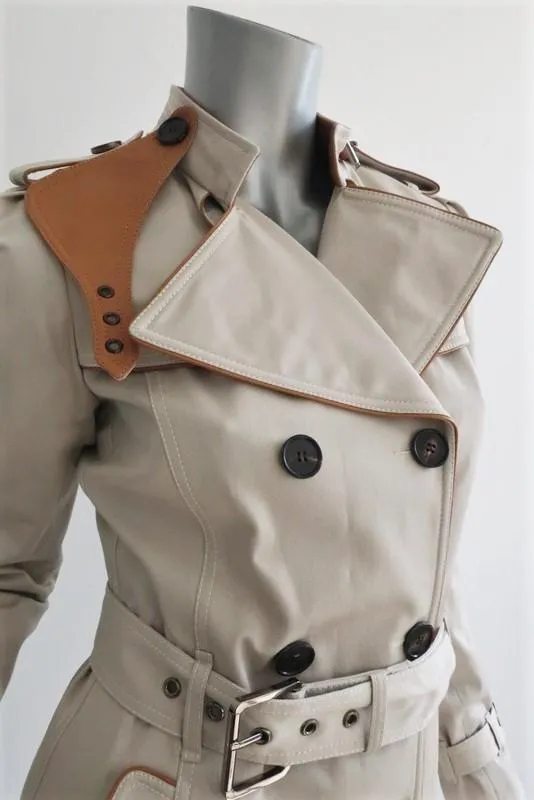 Barbara Bui Trench Coat Beige Leather-Trim Stretch Twill Size Extra Small NEW