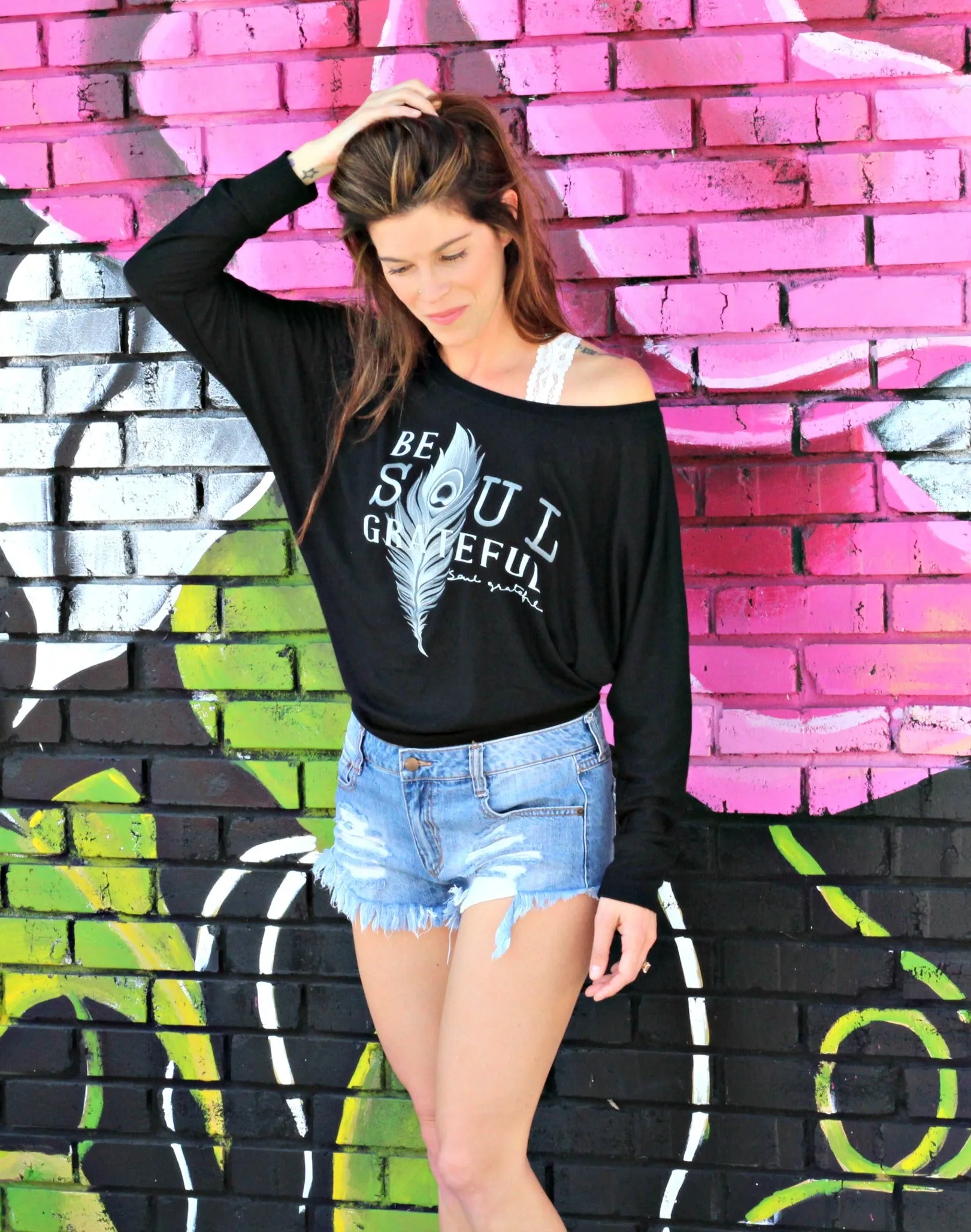 Be Soul Grateful Flowy Long Sleeve Off Shoulder Tee