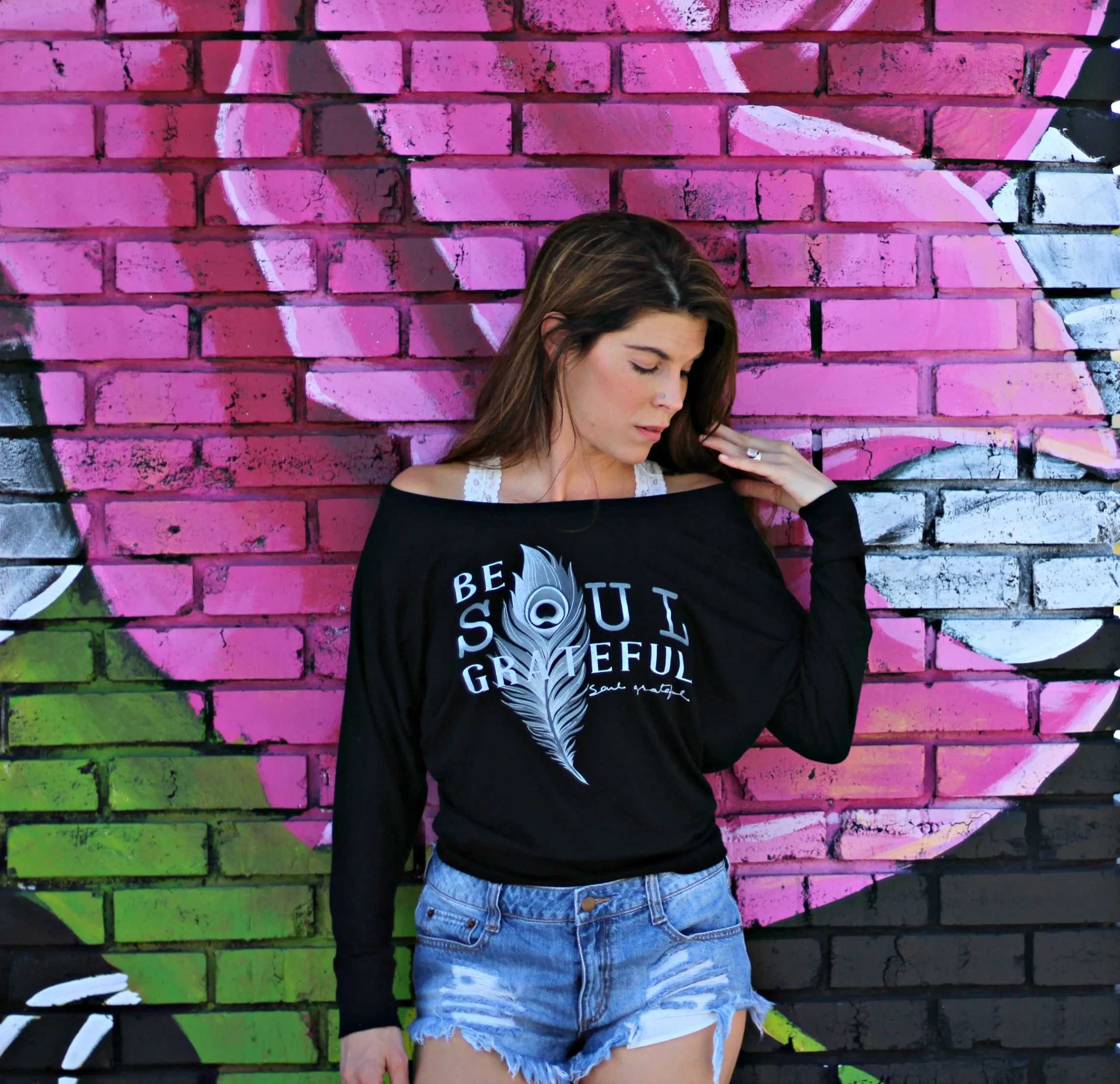 Be Soul Grateful Flowy Long Sleeve Off Shoulder Tee