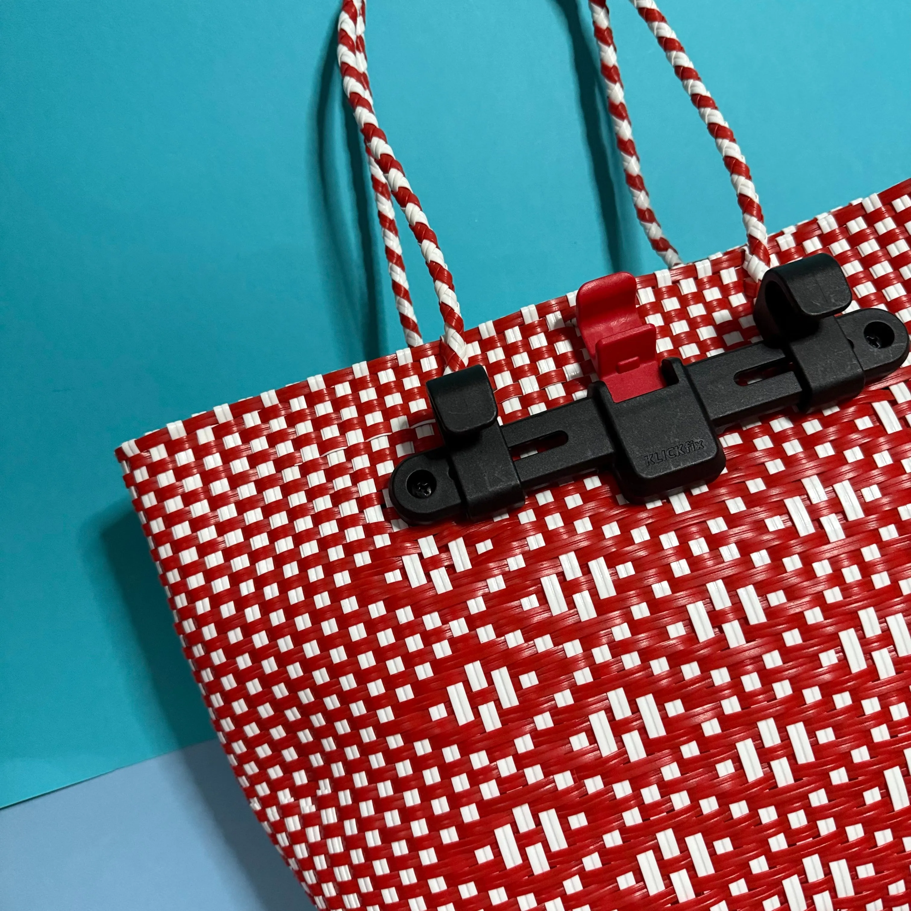 Bicycle Pannier recycled red white plastic woven basket tote ba