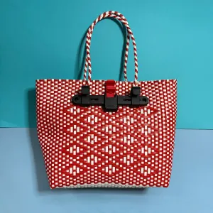 Bicycle Pannier recycled red white plastic woven basket tote ba
