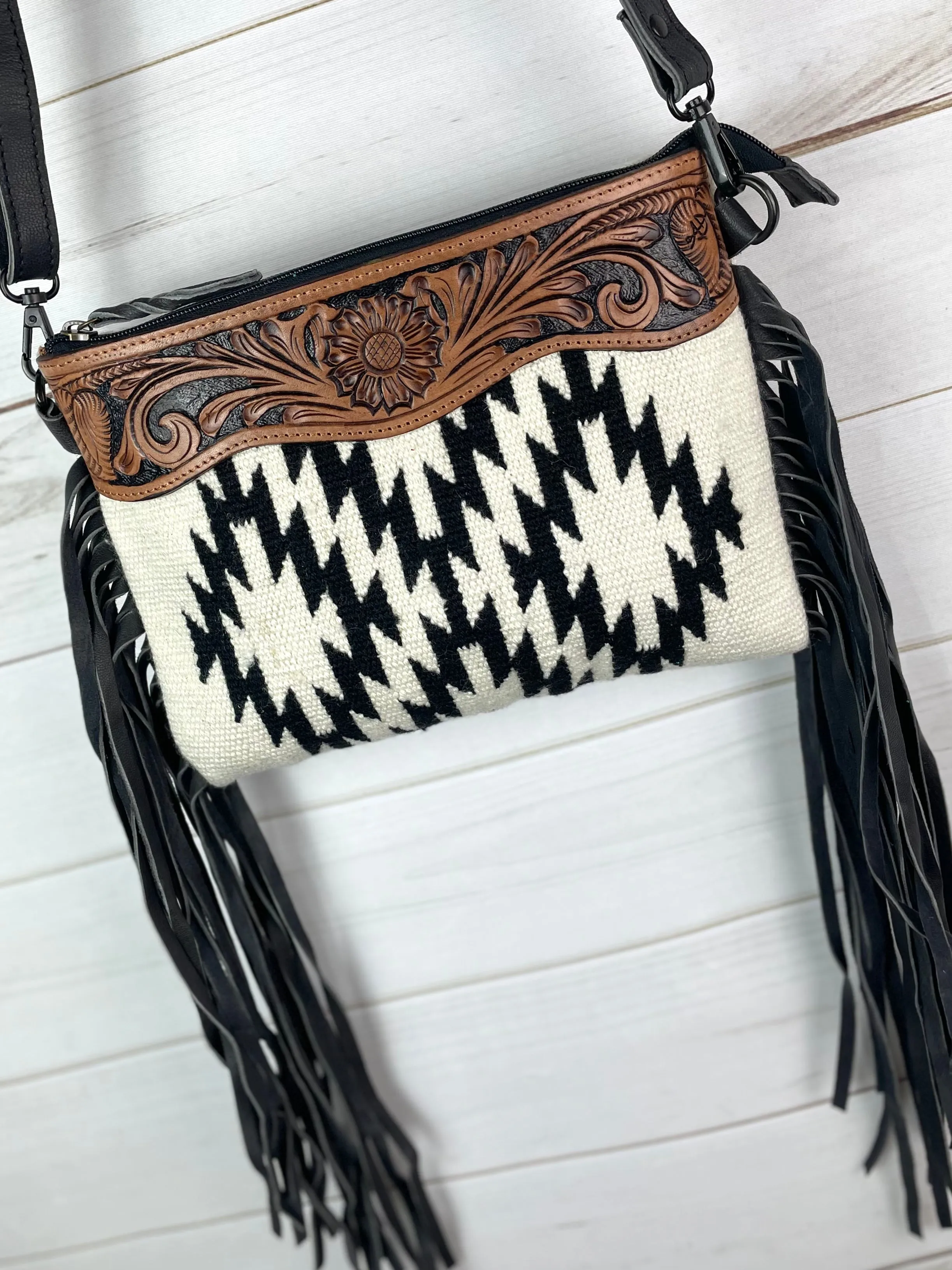 Black & Cream Wool Pattern with Leather Tooled Top and Black Fringe