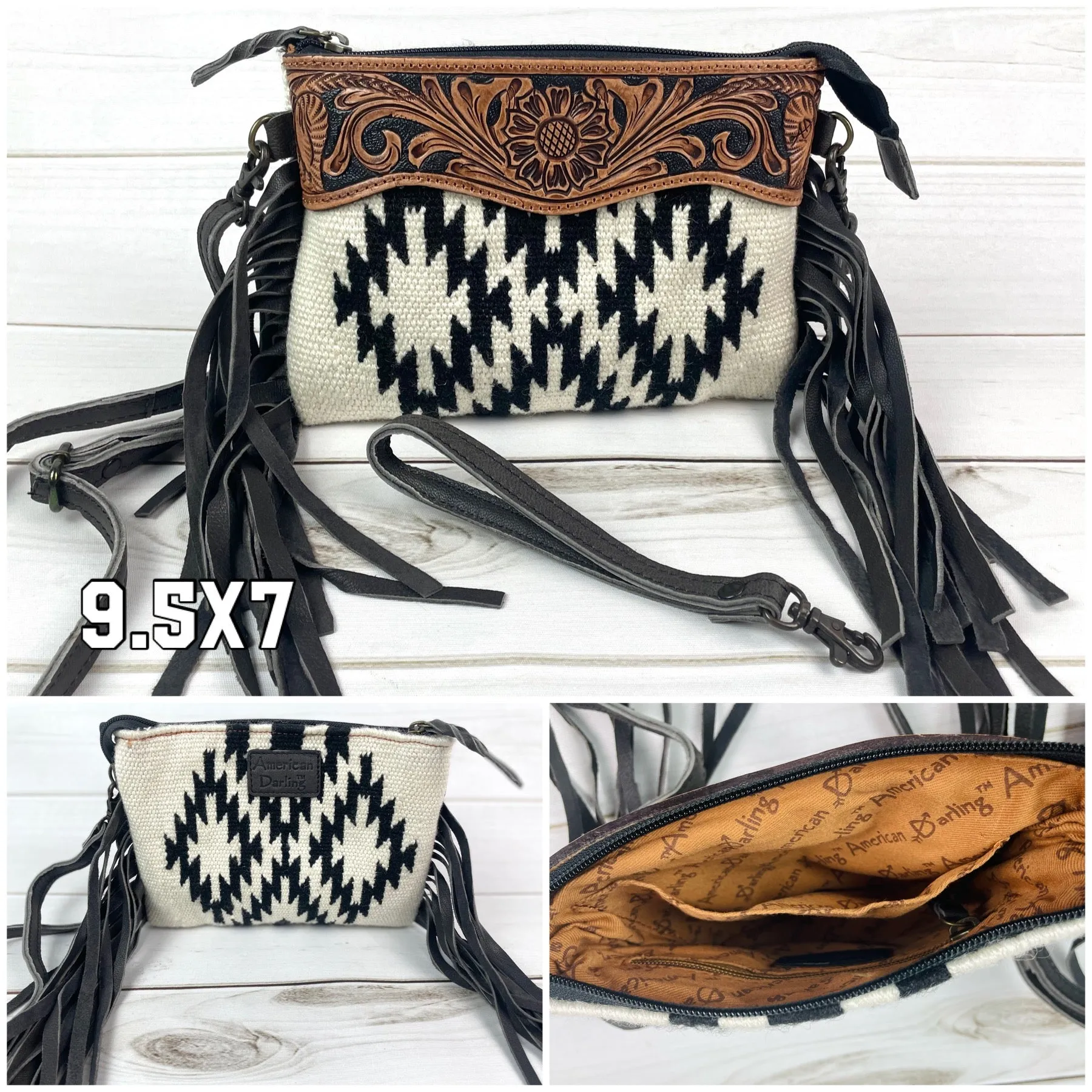 Black & Cream Wool Pattern with Leather Tooled Top and Black Fringe