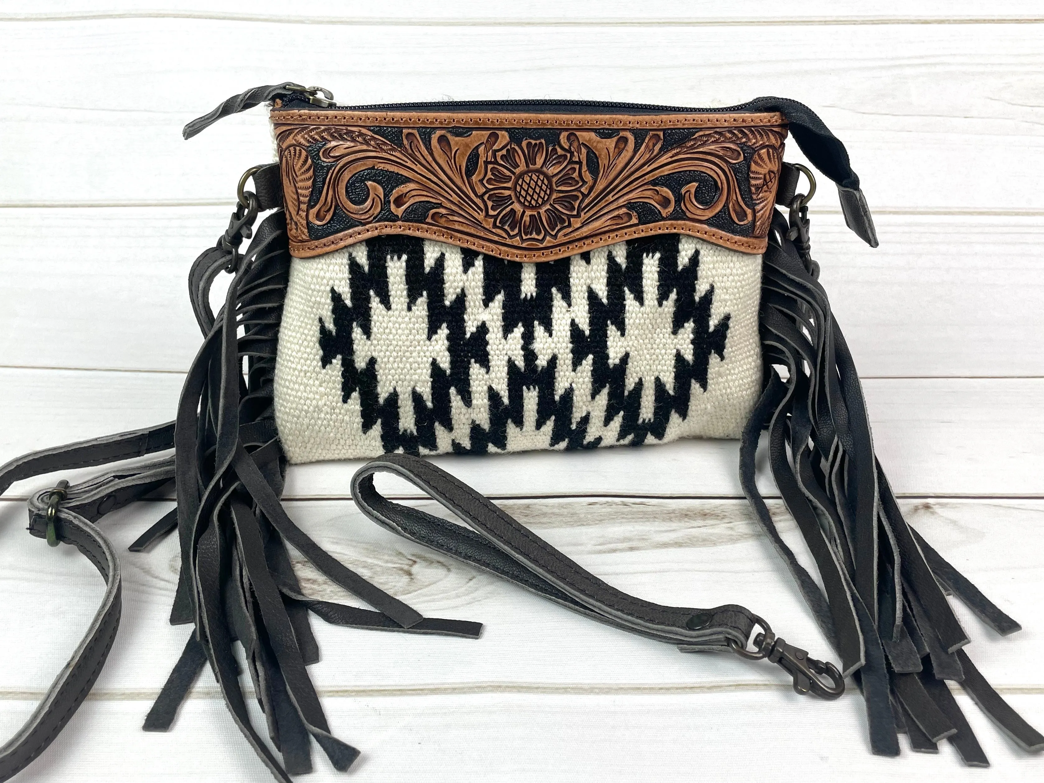 Black & Cream Wool Pattern with Leather Tooled Top and Black Fringe