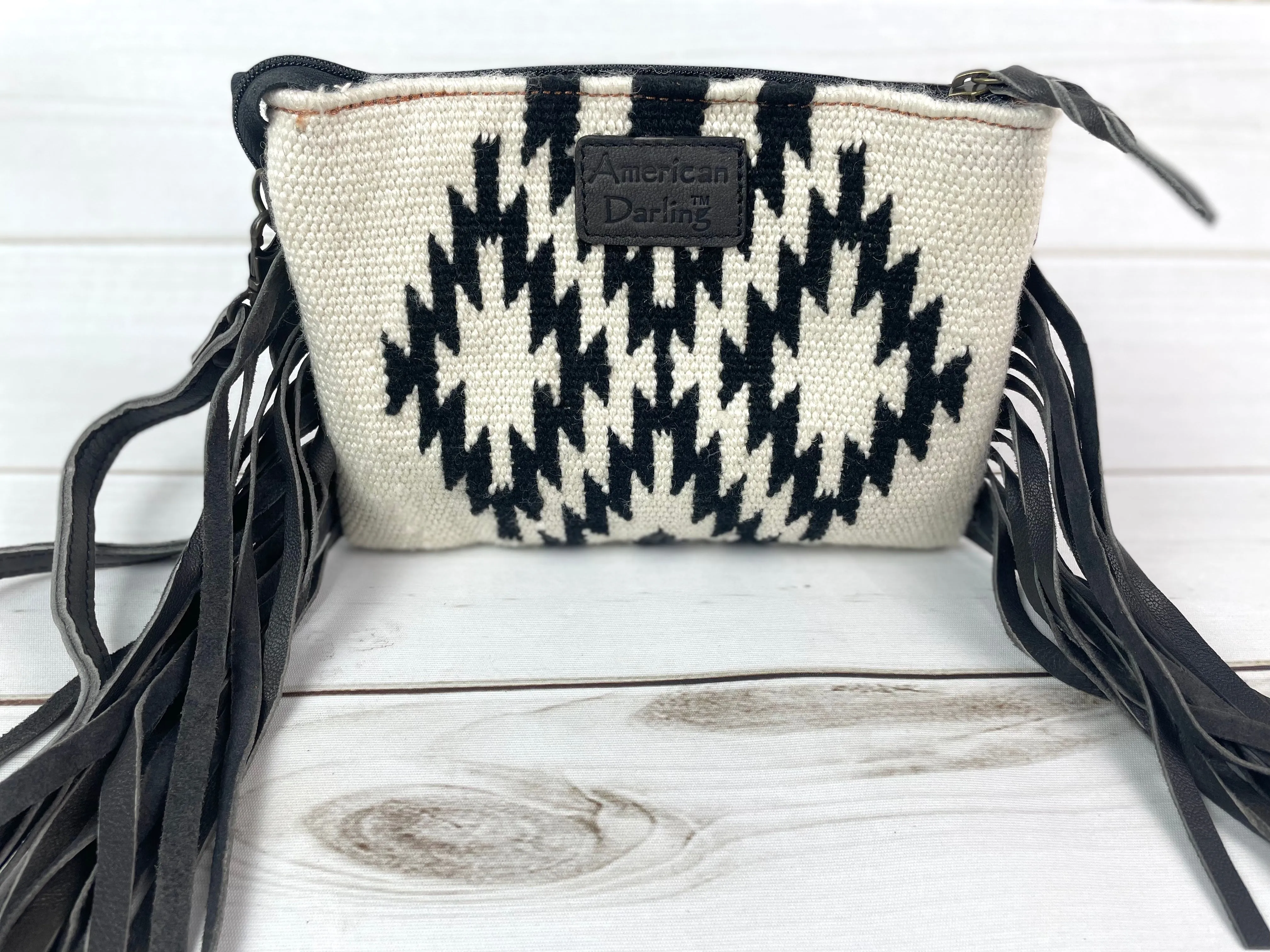 Black & Cream Wool Pattern with Leather Tooled Top and Black Fringe