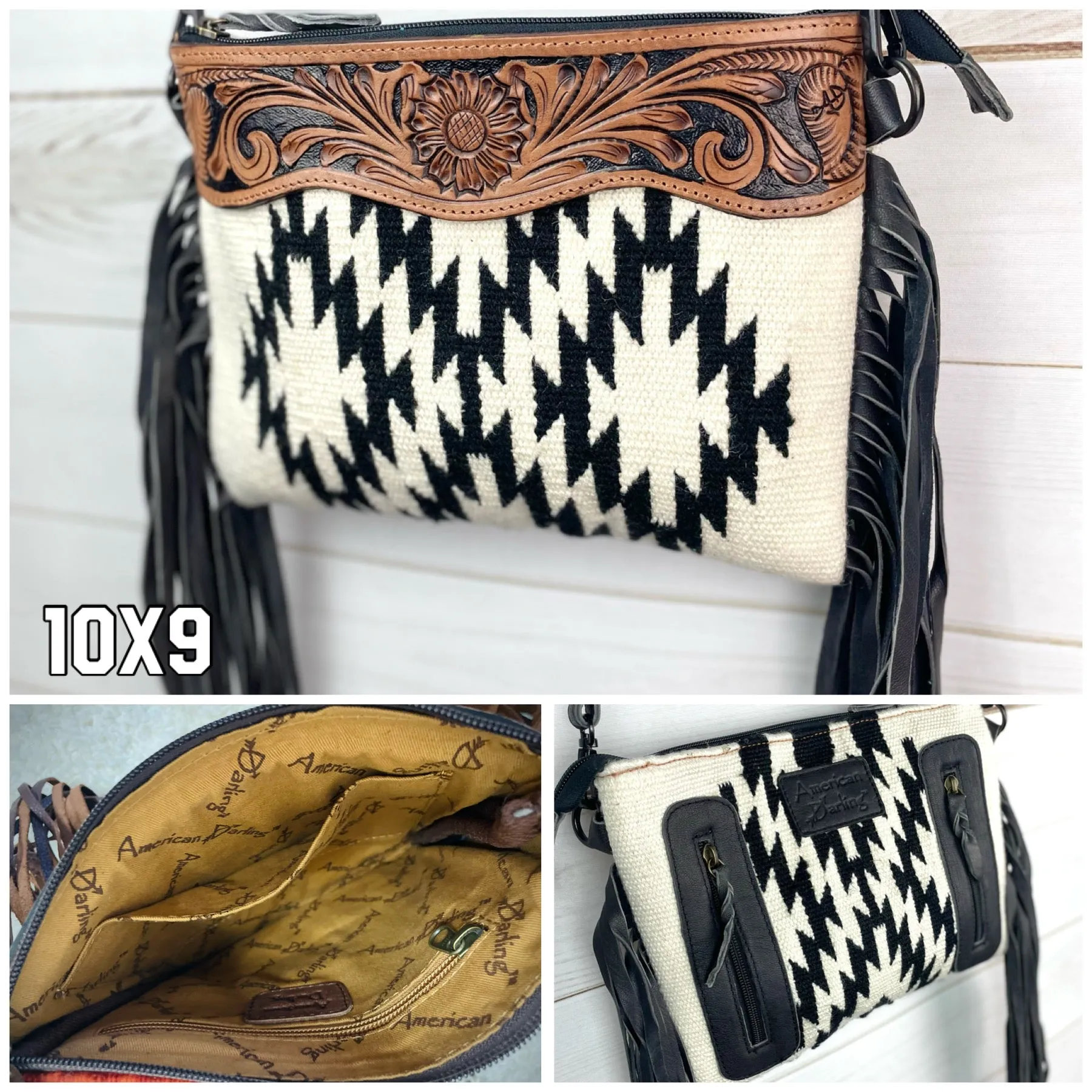 Black & Cream Wool Pattern with Leather Tooled Top and Black Fringe