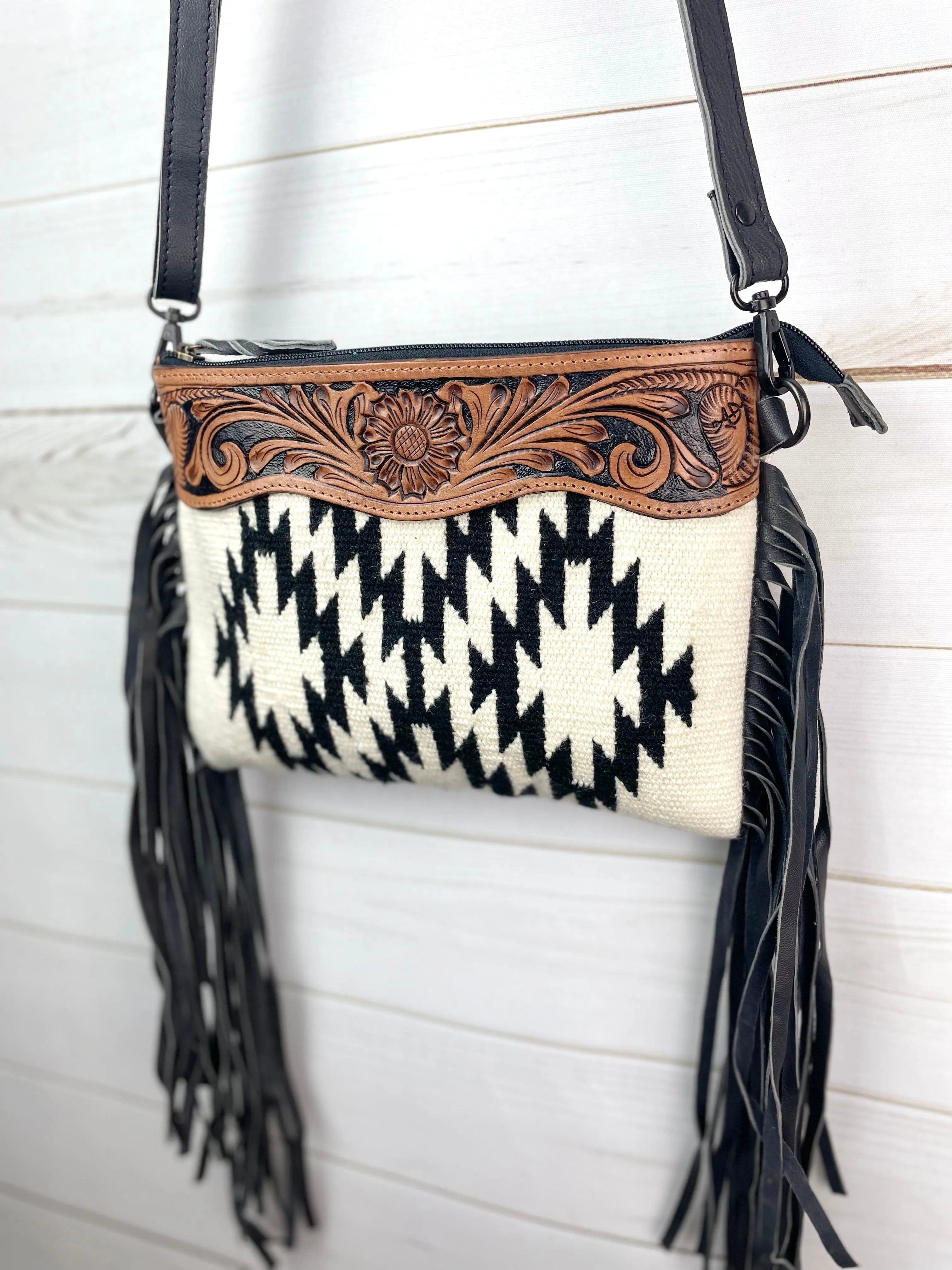 Black & Cream Wool Pattern with Leather Tooled Top and Black Fringe