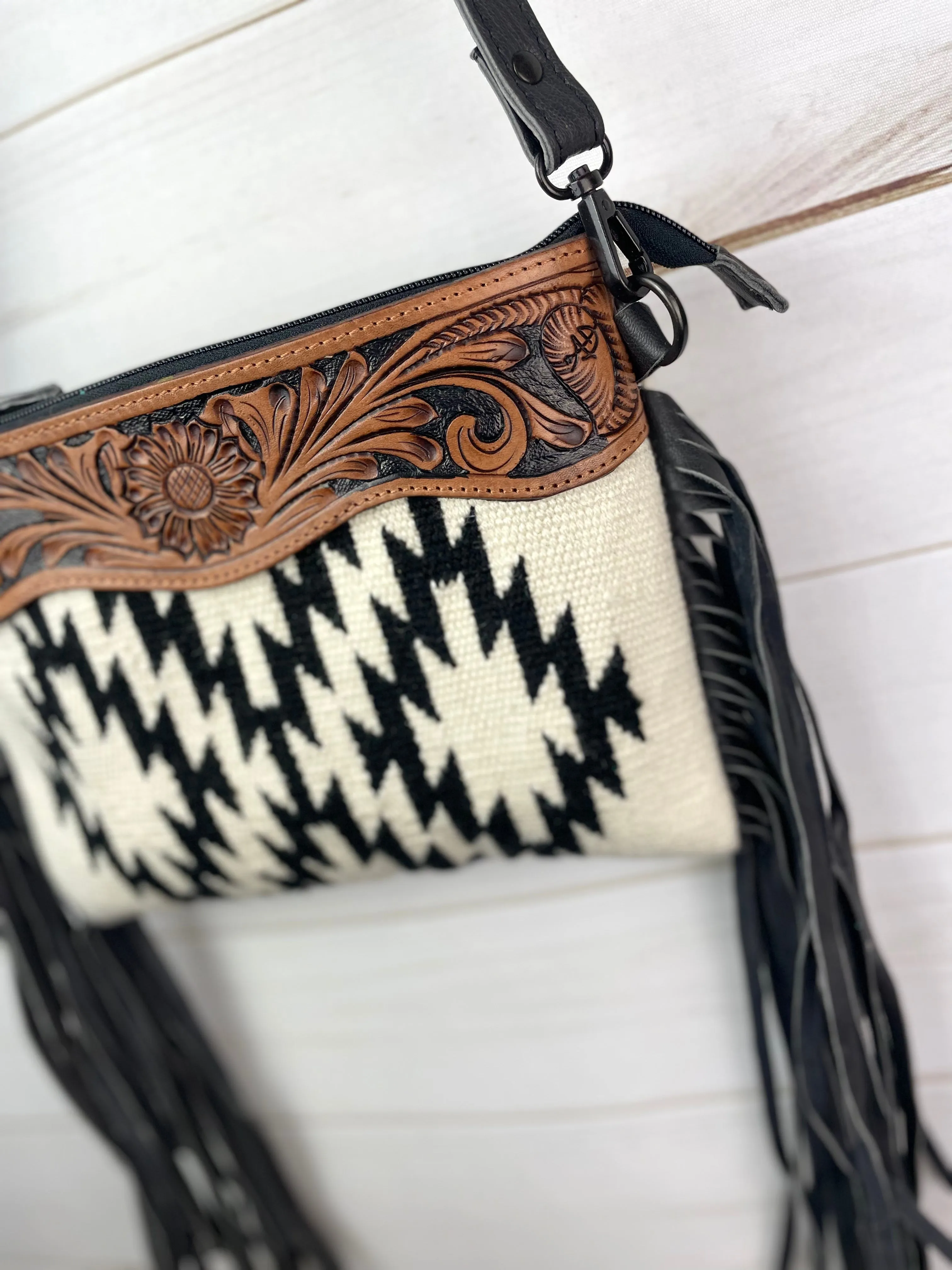 Black & Cream Wool Pattern with Leather Tooled Top and Black Fringe
