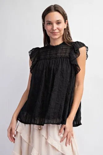 Black Cap Sleeve Texture Woven Ruffle Blouse