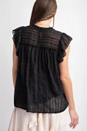 Black Cap Sleeve Texture Woven Ruffle Blouse