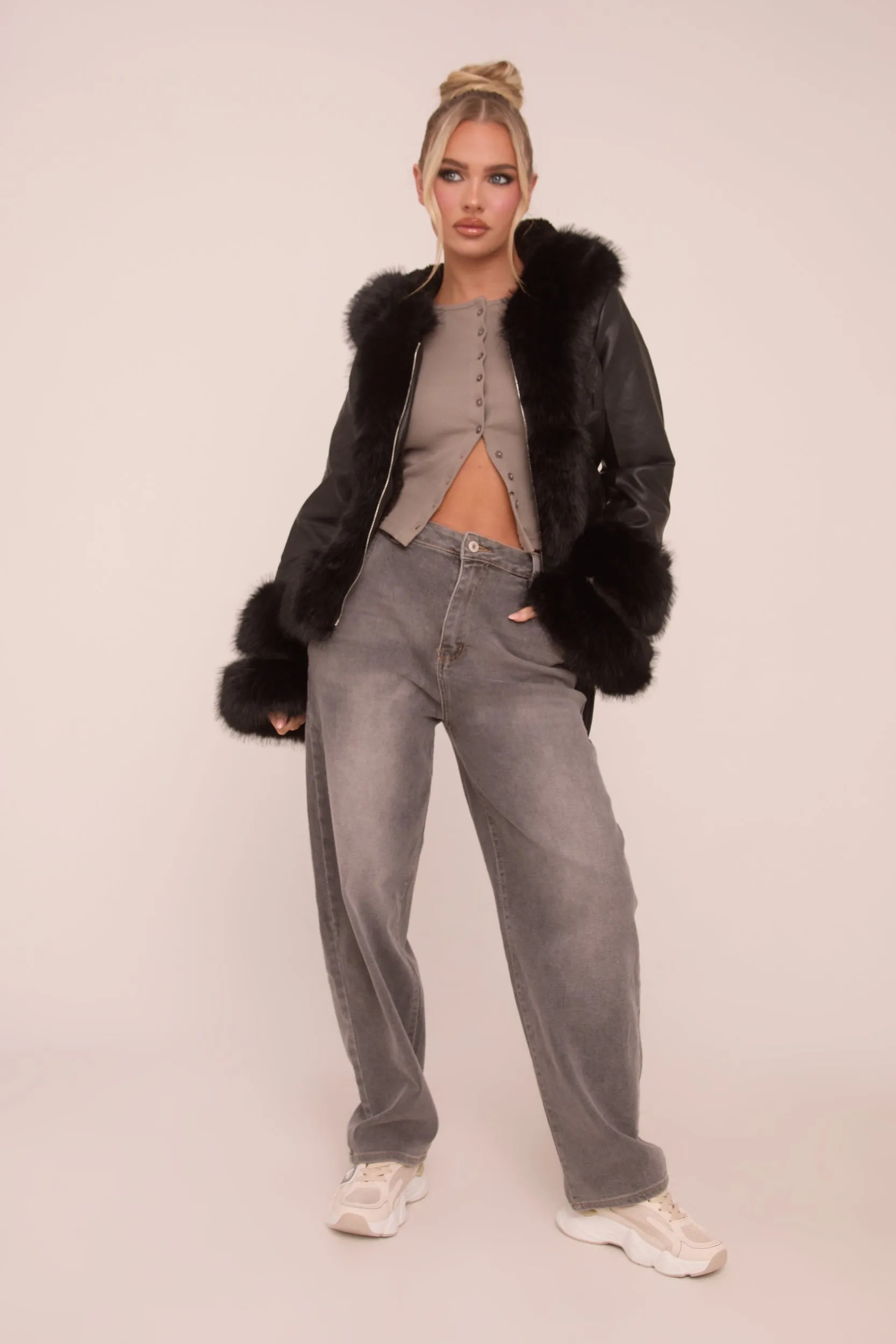 Black Faux Leather Fur Trim Jacket - Casey