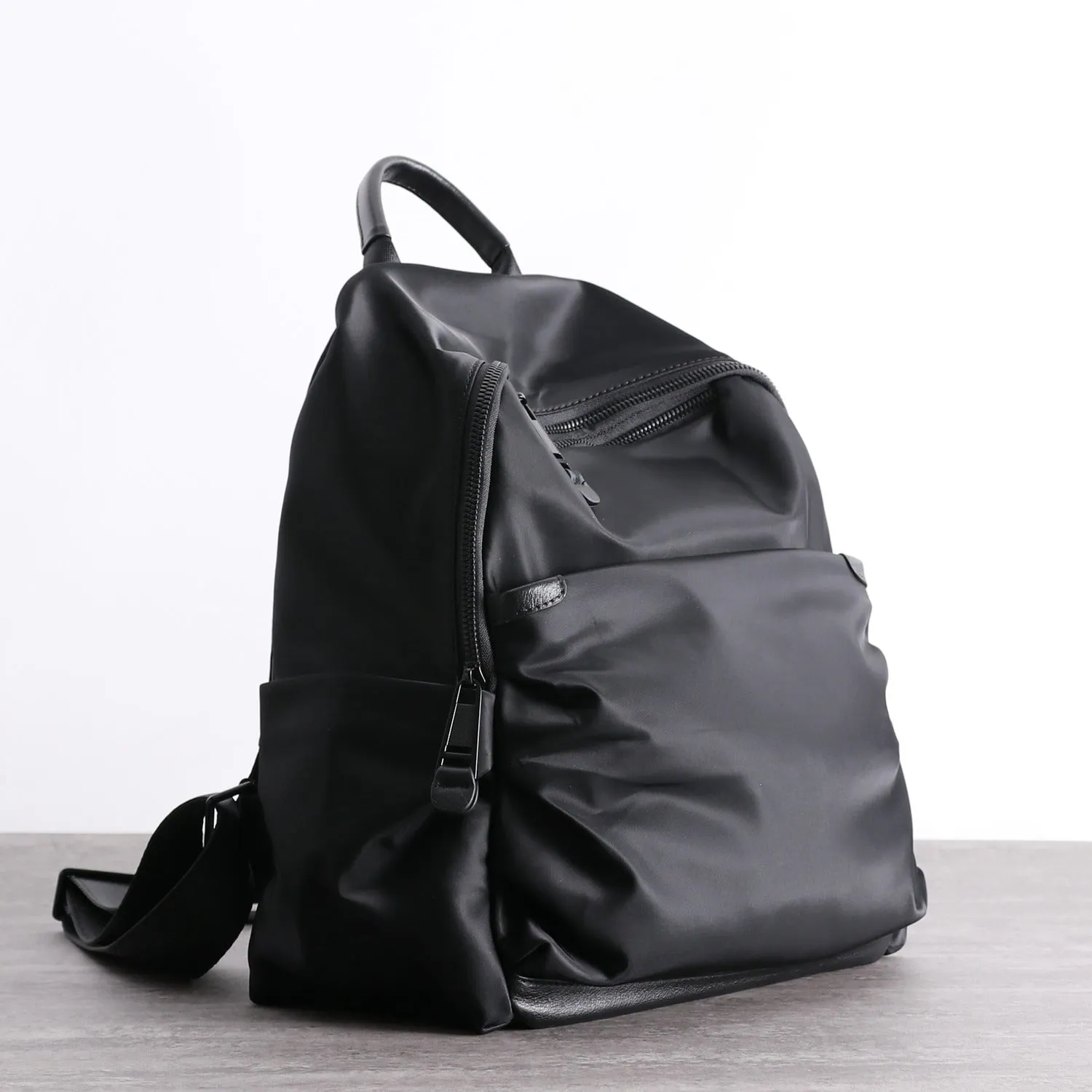 Black Nylon Backpack Womens School Backpack bag Black Nylon Leather Travel Rucksack for Ladies