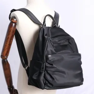 Black Nylon Backpack Womens School Backpack bag Black Nylon Leather Travel Rucksack for Ladies